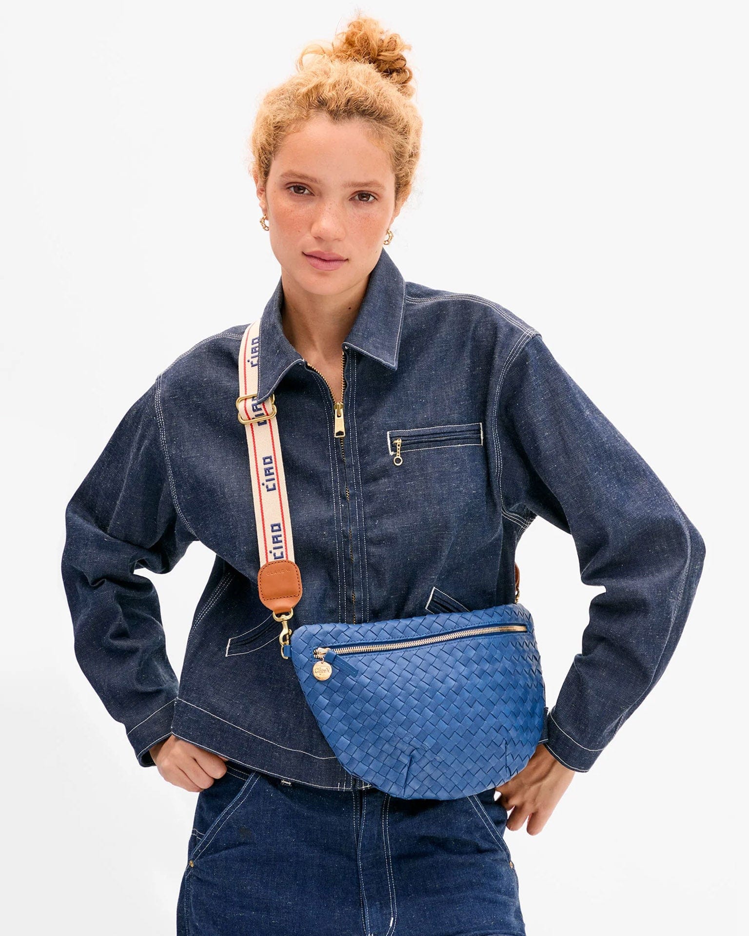 Adjustable Crossbody Strap - Ciao w/ Double Stripe in Cream/Navy - Image 2