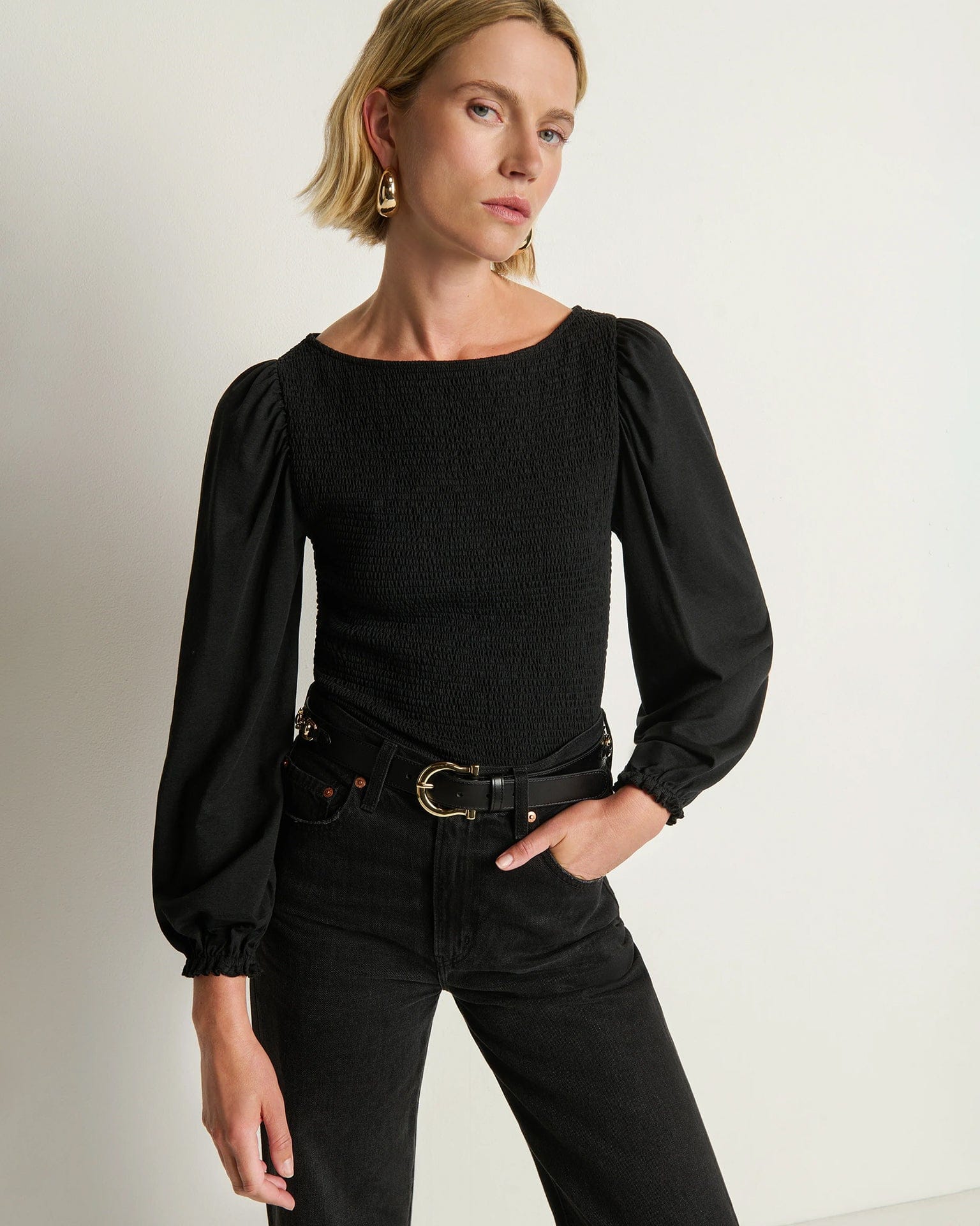 Aidan Smocked Blouse in Jet Black