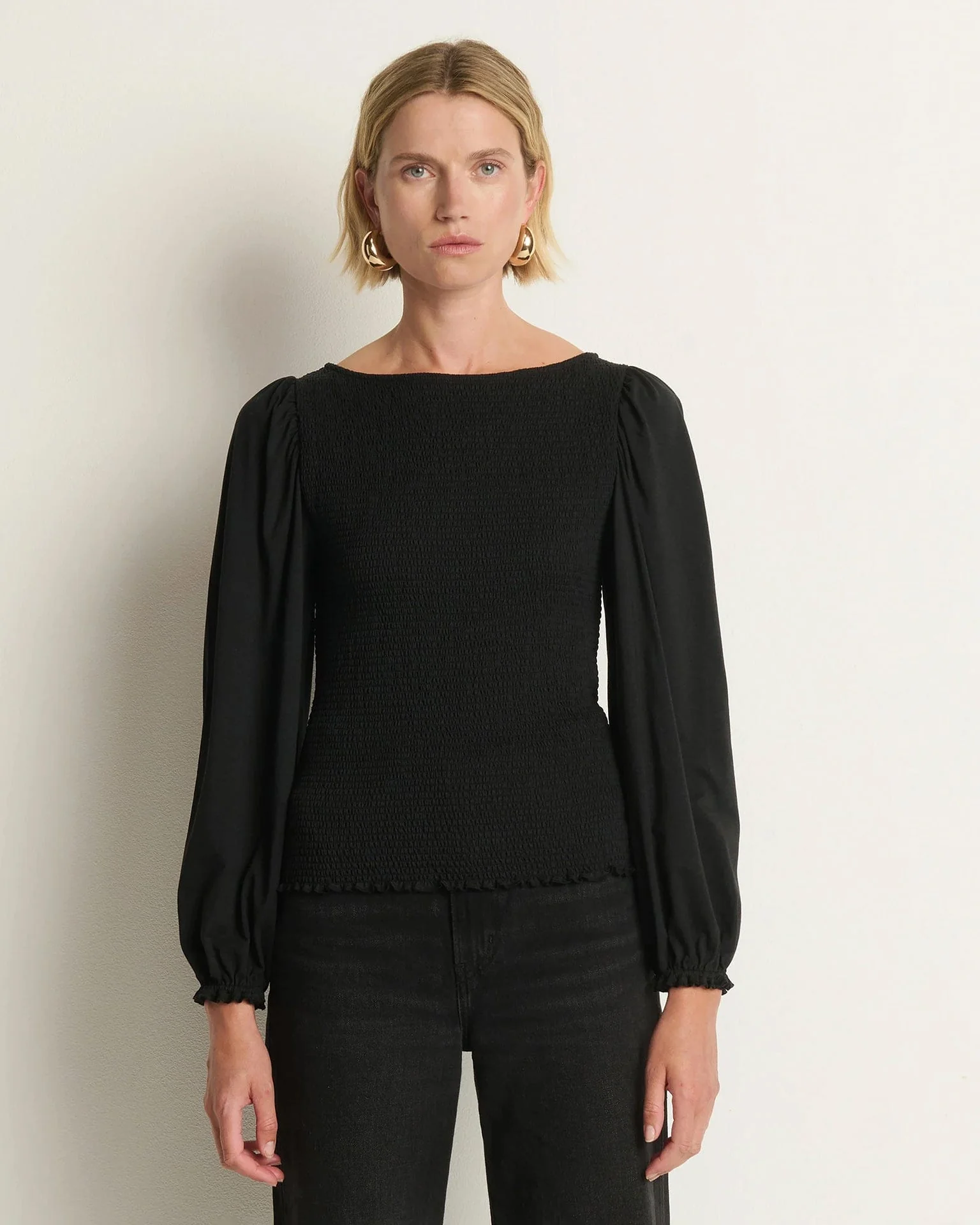 Aidan Smocked Blouse in Jet Black - Image 3