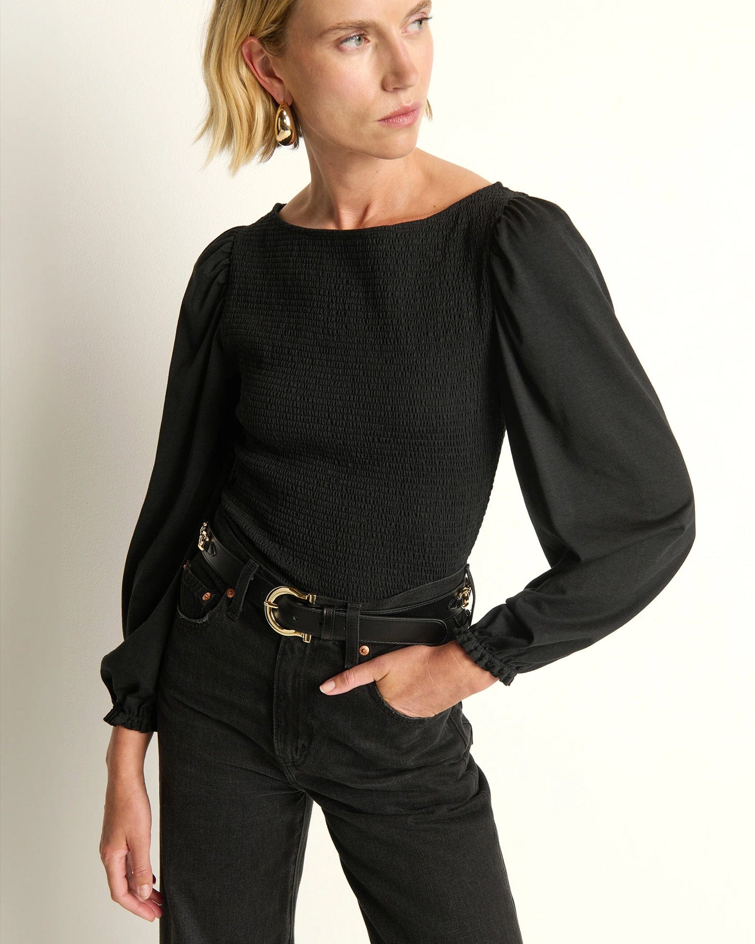 Aidan Smocked Blouse in Jet Black - Image 4