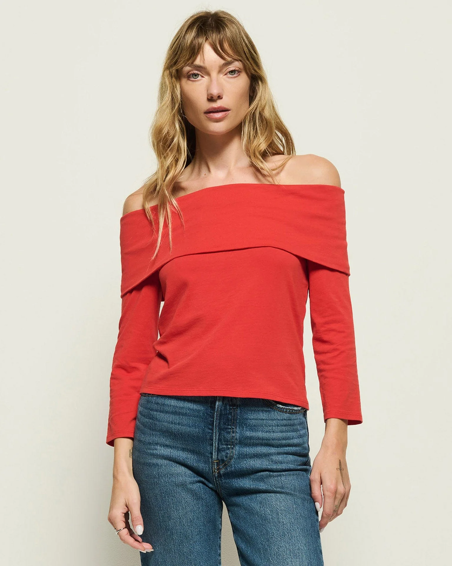 Alexi Off The Shoulder T-Shirt in Aurora Red - Image 2