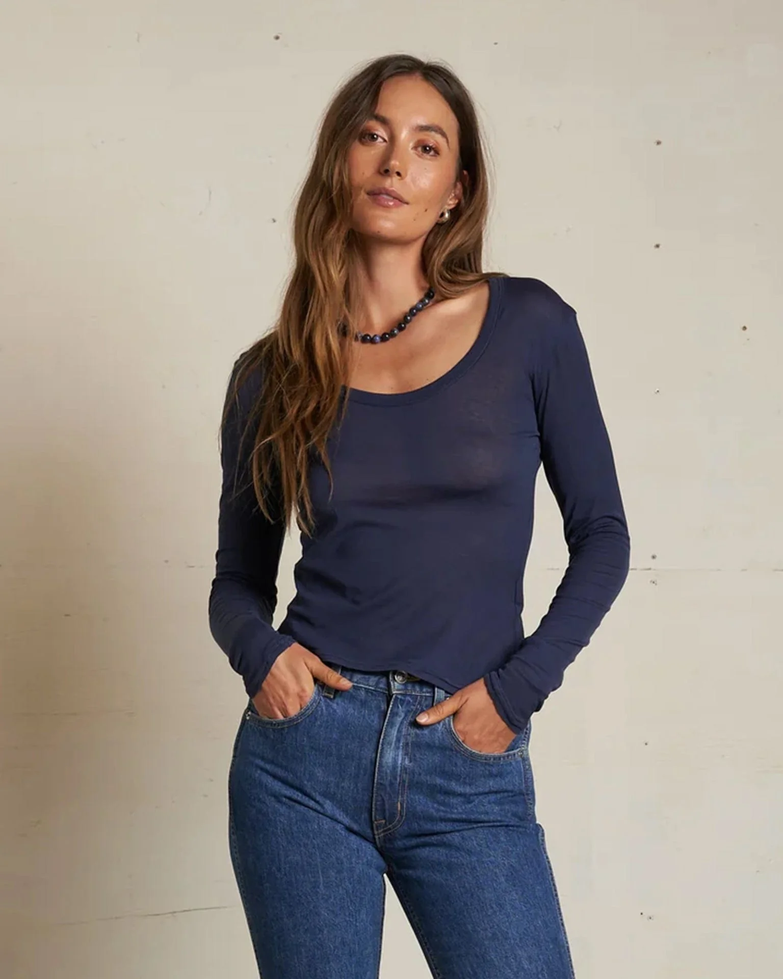 Angie Lt French Jersey Scoop L/S in Navy