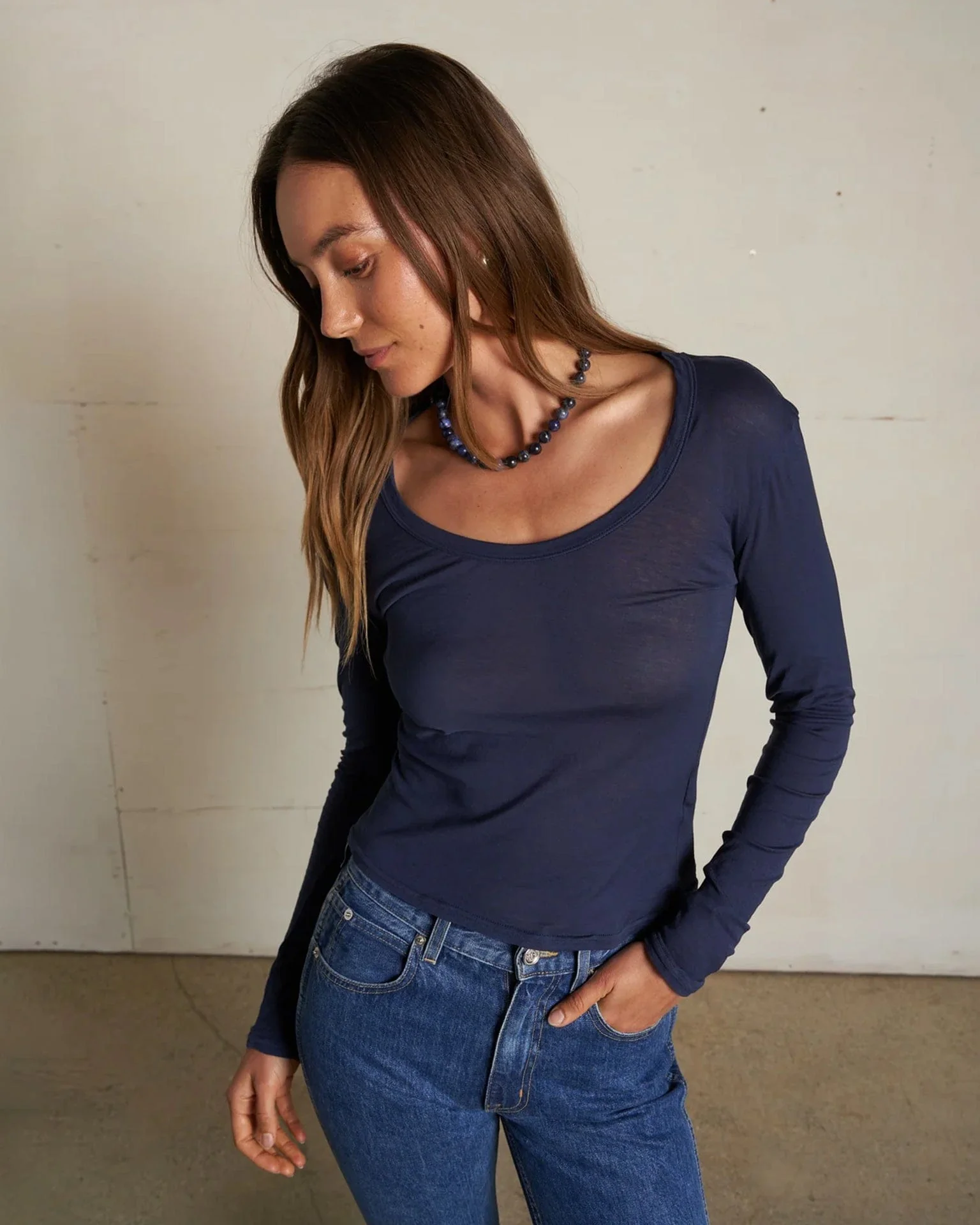 Angie Lt French Jersey Scoop L/S in Navy - Image 2