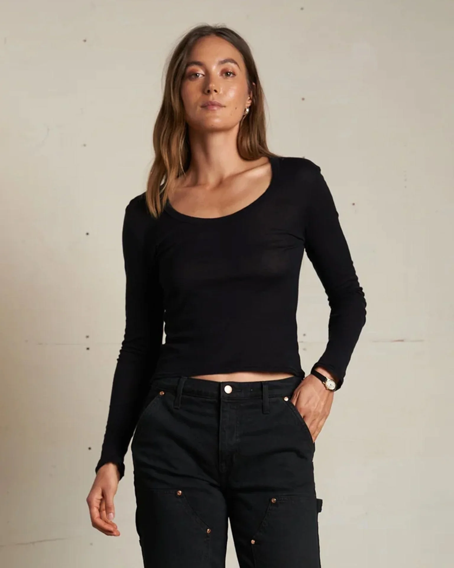 Angie Lt French Jersey Scoop L/S in True Black