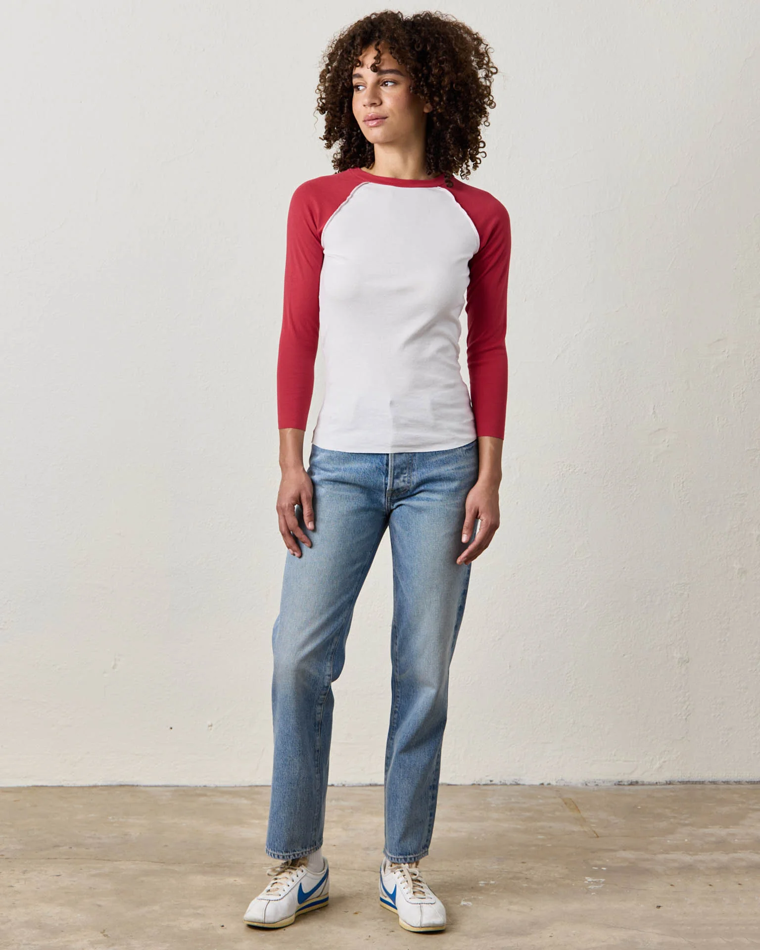 Aria Fitted Baby Rib Raglan Tee in White/Crimson - Image 2