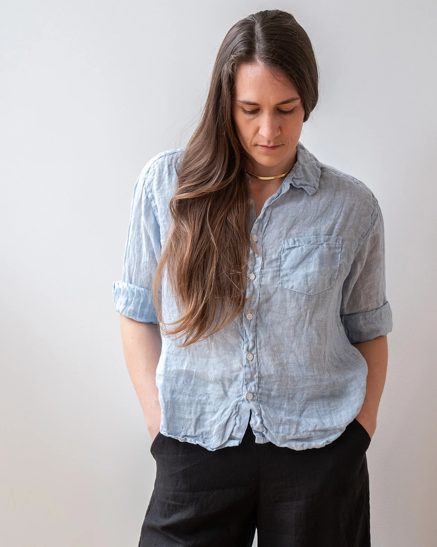 Aven 3/4 Sleeve Top in Aqua Chambray Linen