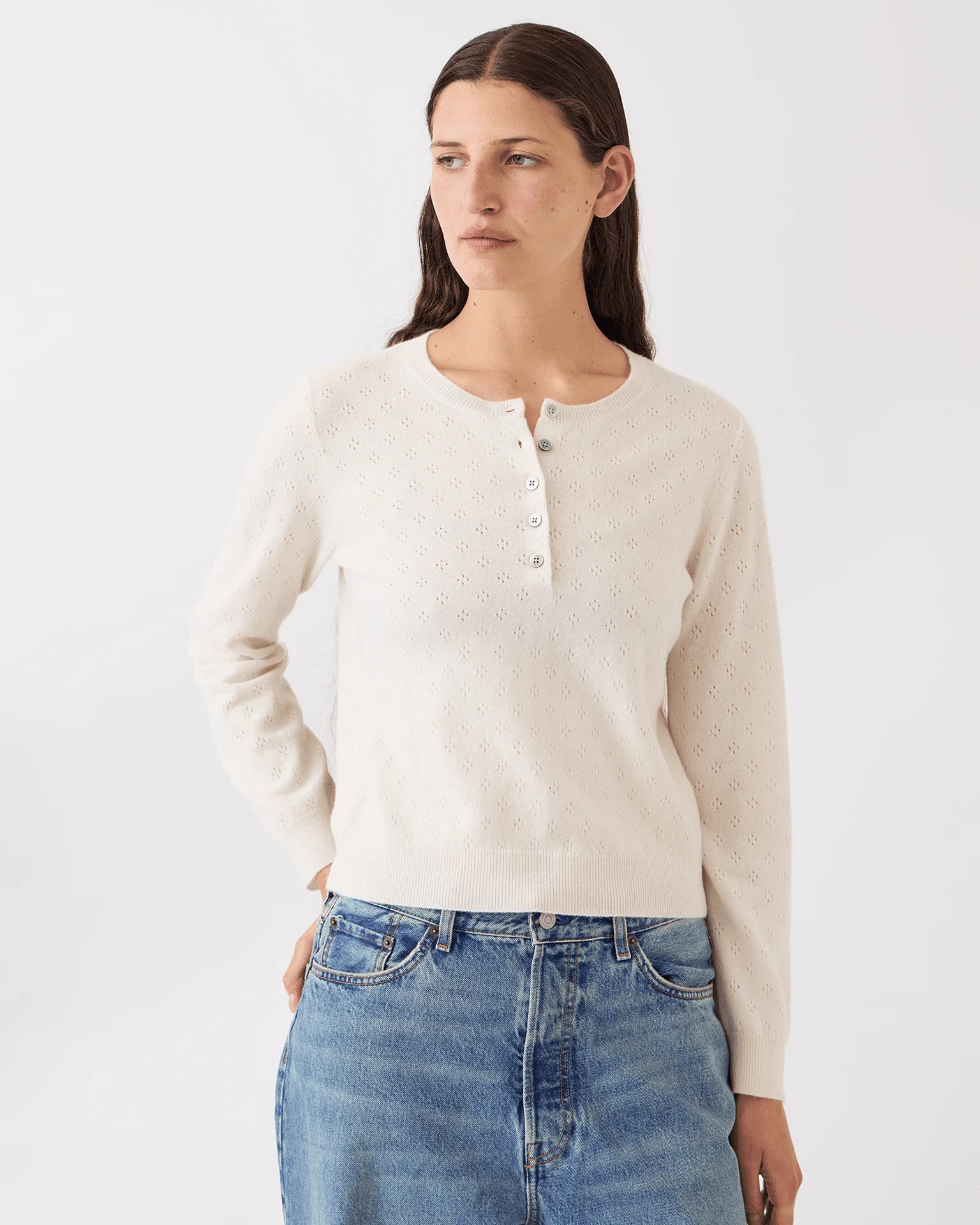 Avery Pointelle Cashmere Sweater in Ivory