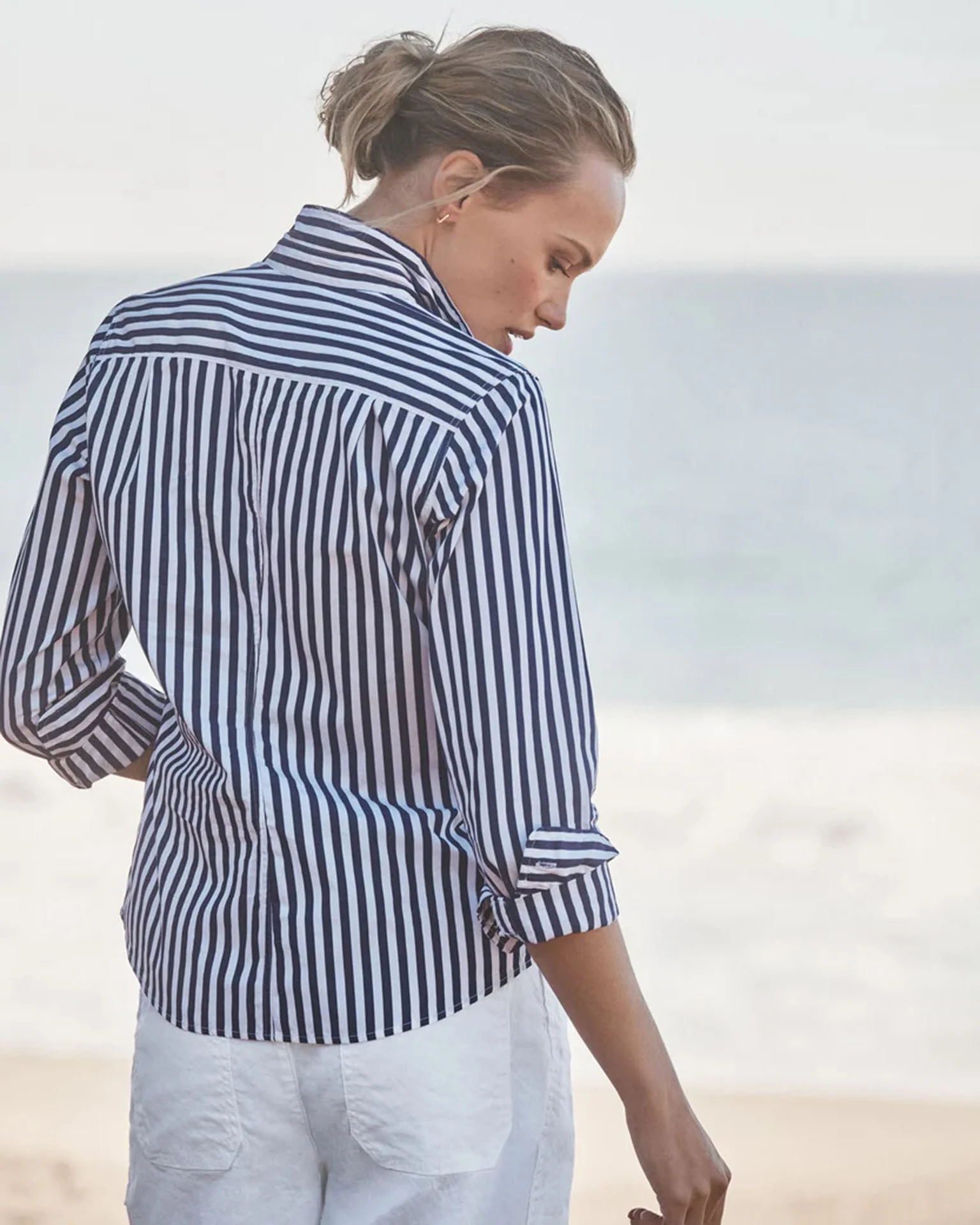 Barry Tailored Button Up Shirt in Navy White Stripe - Image 3