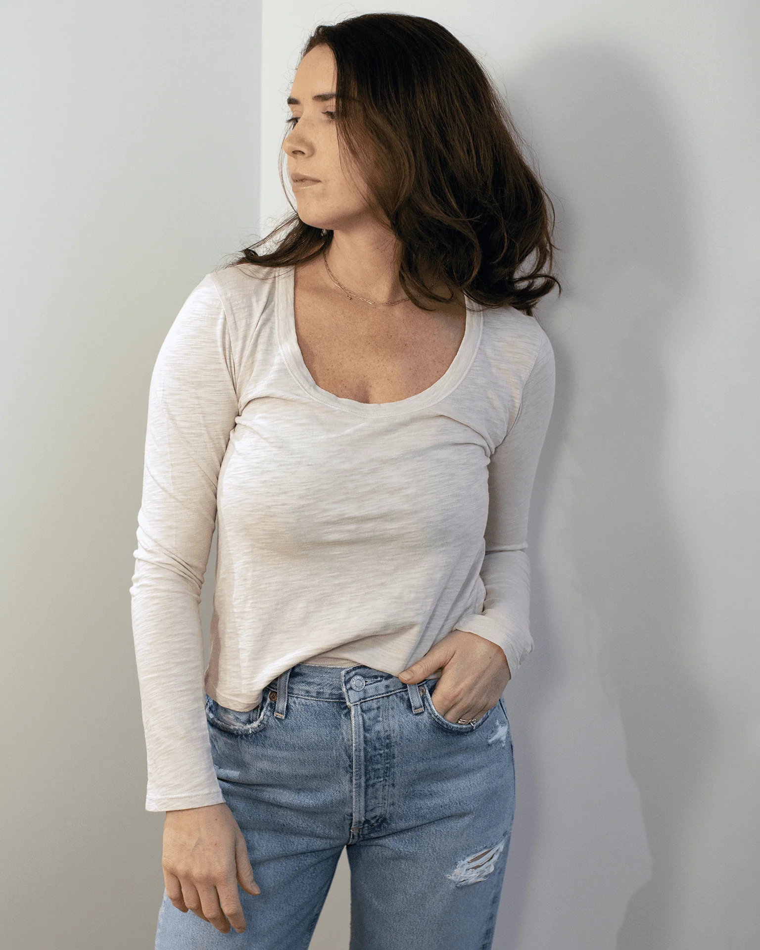 Becky Long Sleeve Scoop Neck Top in Sesame
