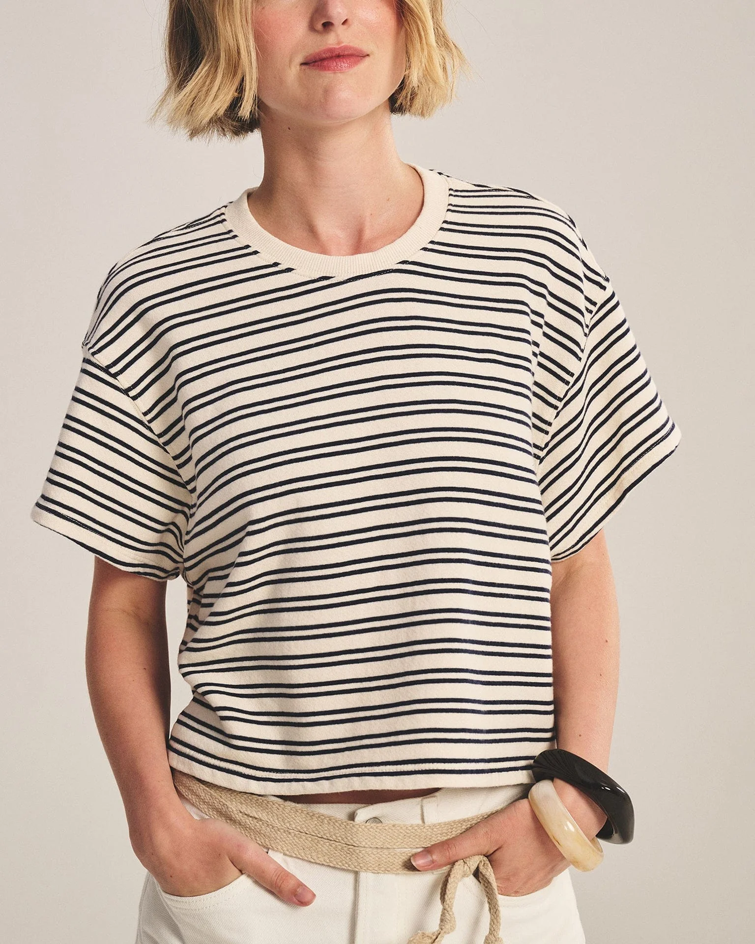 Brissa Short Sleeve Crew Neck Top in Natural/Navy - Image 2