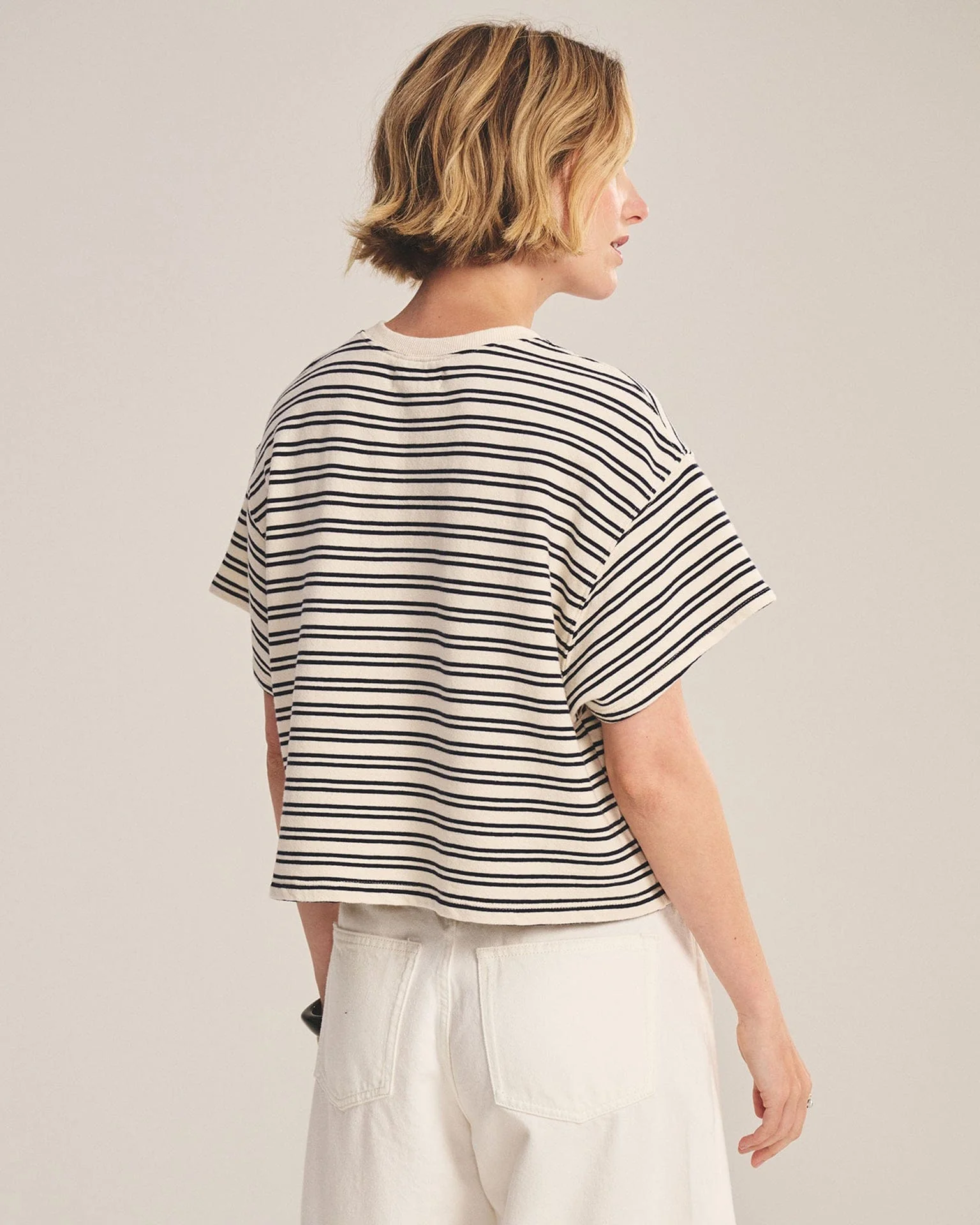 Brissa Short Sleeve Crew Neck Top in Natural/Navy - Image 3