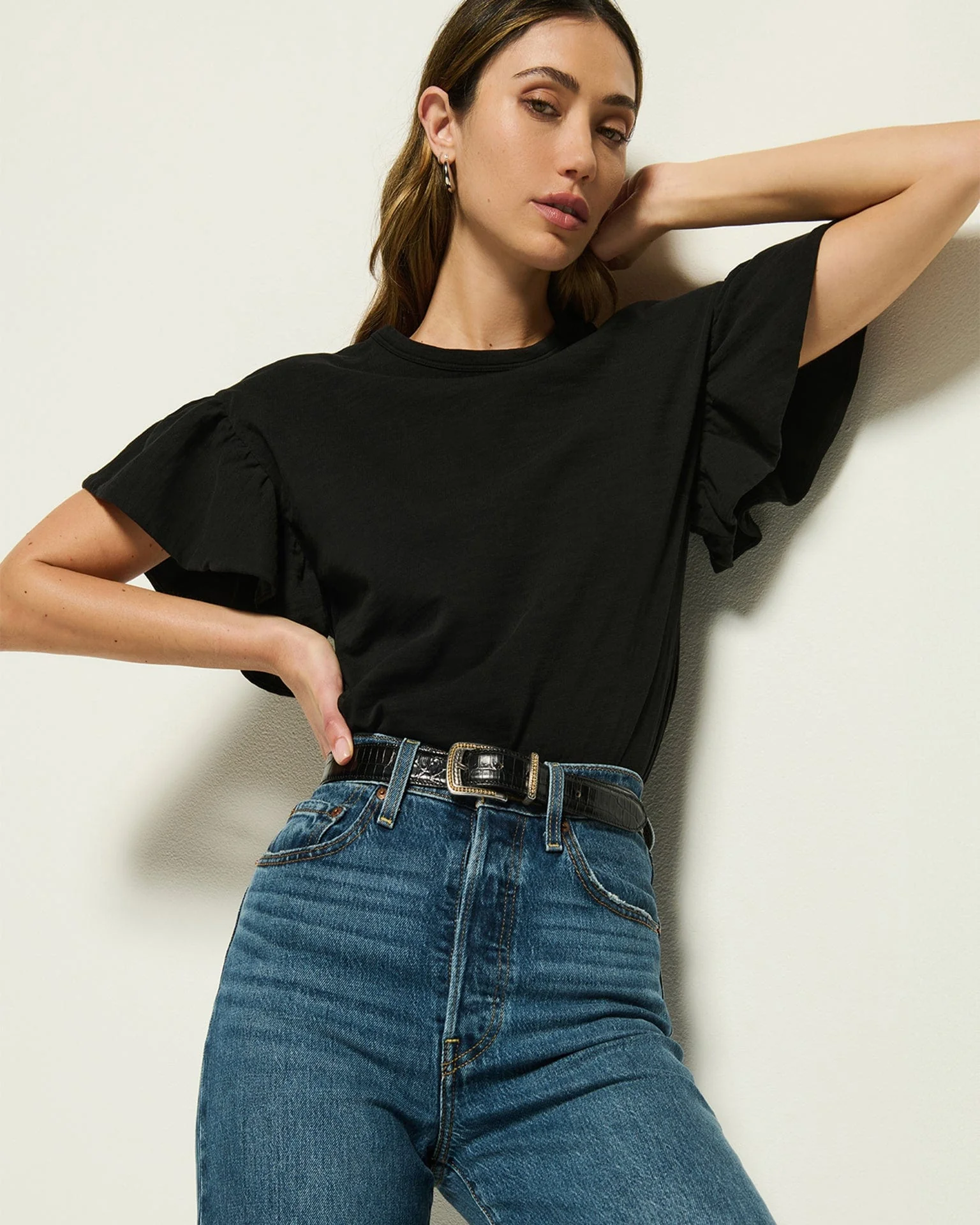 Camille Ruffle Sleeve Top in Jet Black