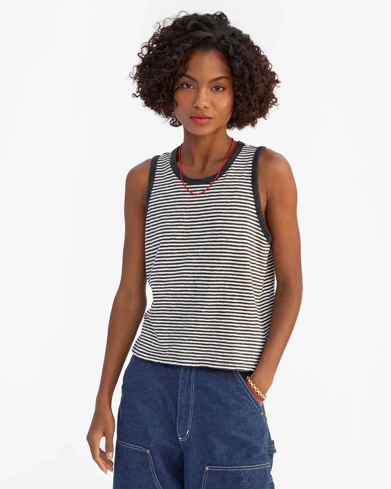 Camp Fit Cttn/Lnn Mini Stripe Tank in Black/Cream