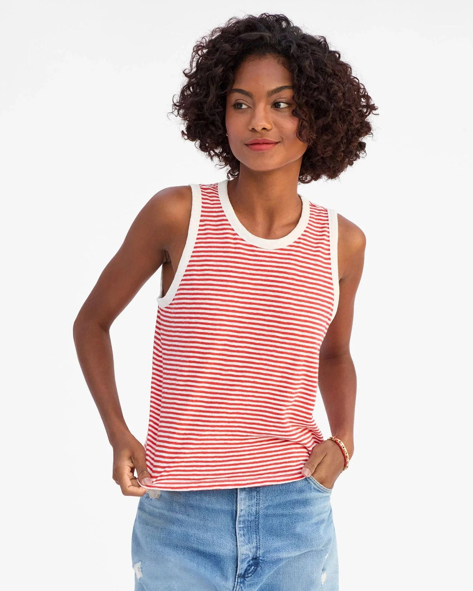 Camp Fit Cttn/Lnn Mini Stripe Tank in Bright Poppy/Cream