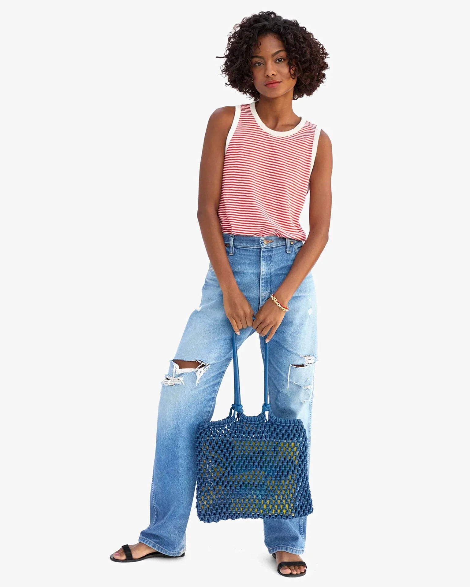 Camp Fit Cttn/Lnn Mini Stripe Tank in Bright Poppy/Cream - Image 2