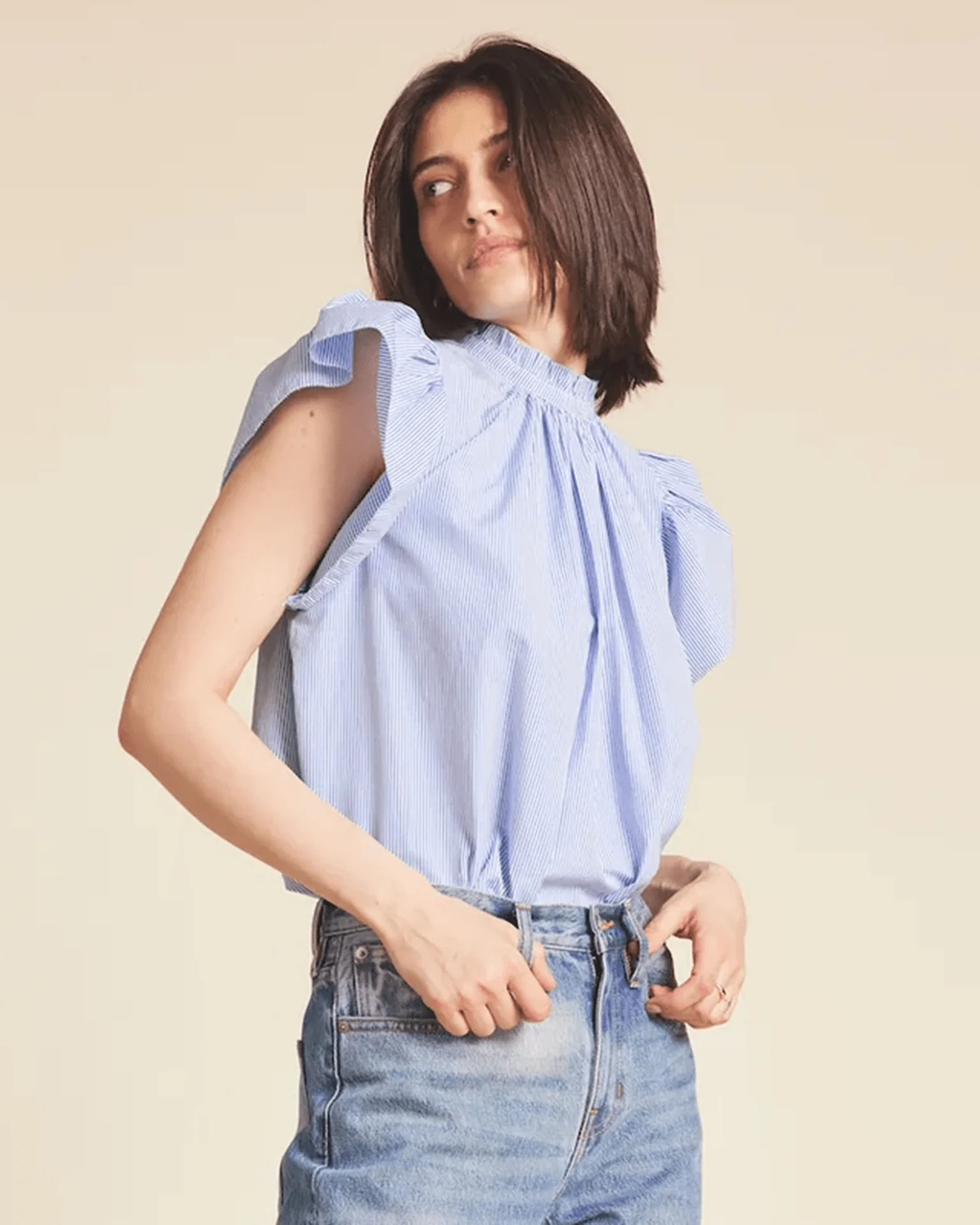 Carla Highneck Shirt in Blue/White Stripe - Image 3