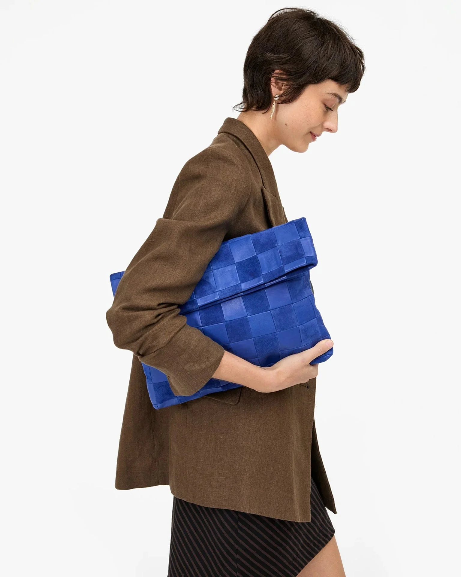 Carryall Clutch w/ Tabs - Nappa & Suede Checker in Lagoon - Image 3