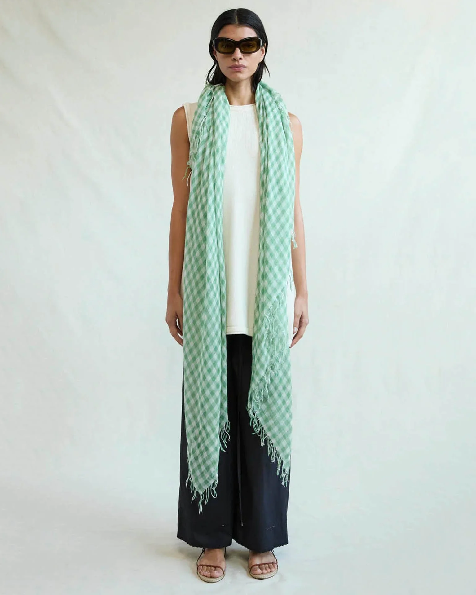 Checked Cashmere & Silk Scarf in English Ivy - Image 2