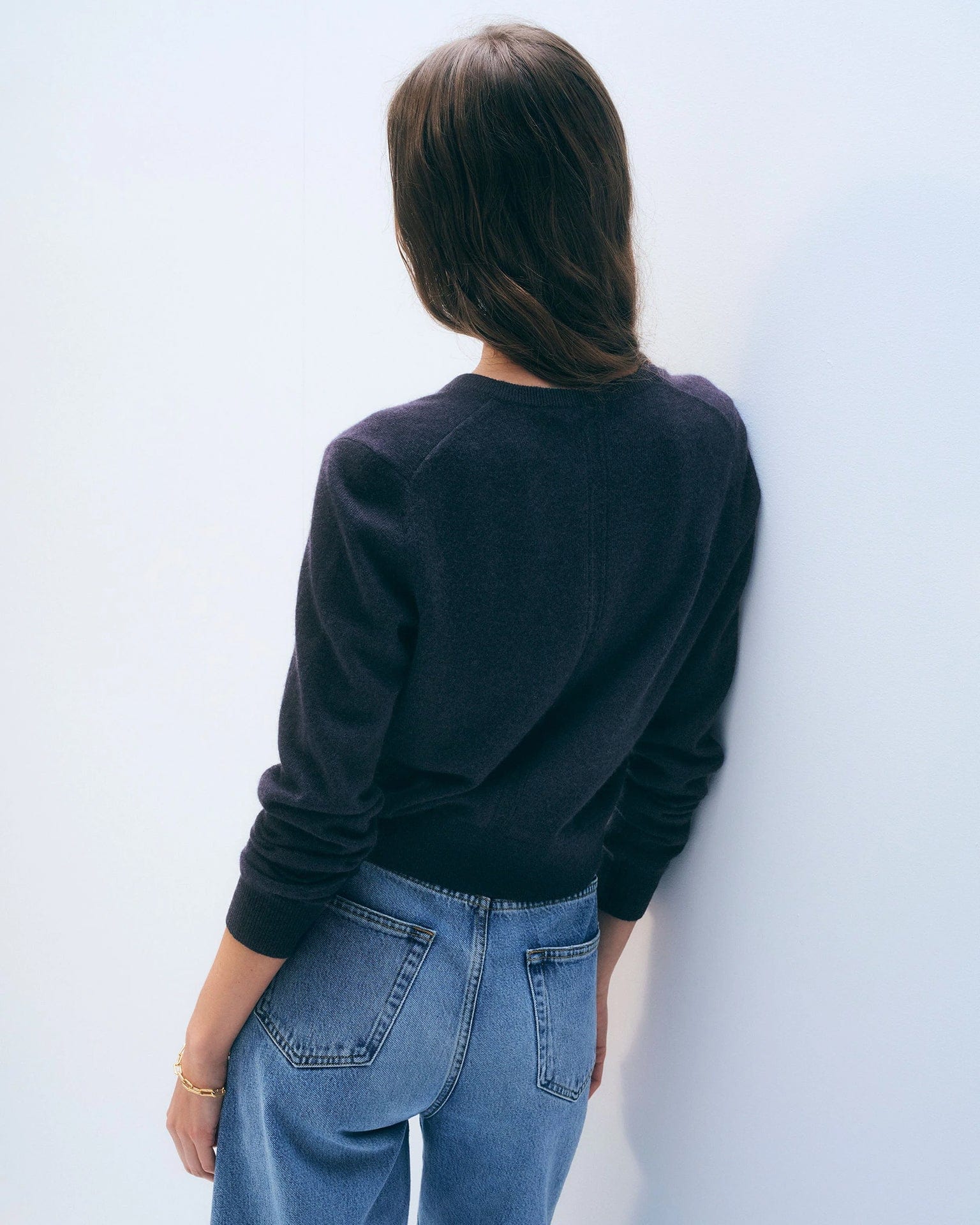 Cashmere Crewneck Cardigan in Deep Navy - Image 3