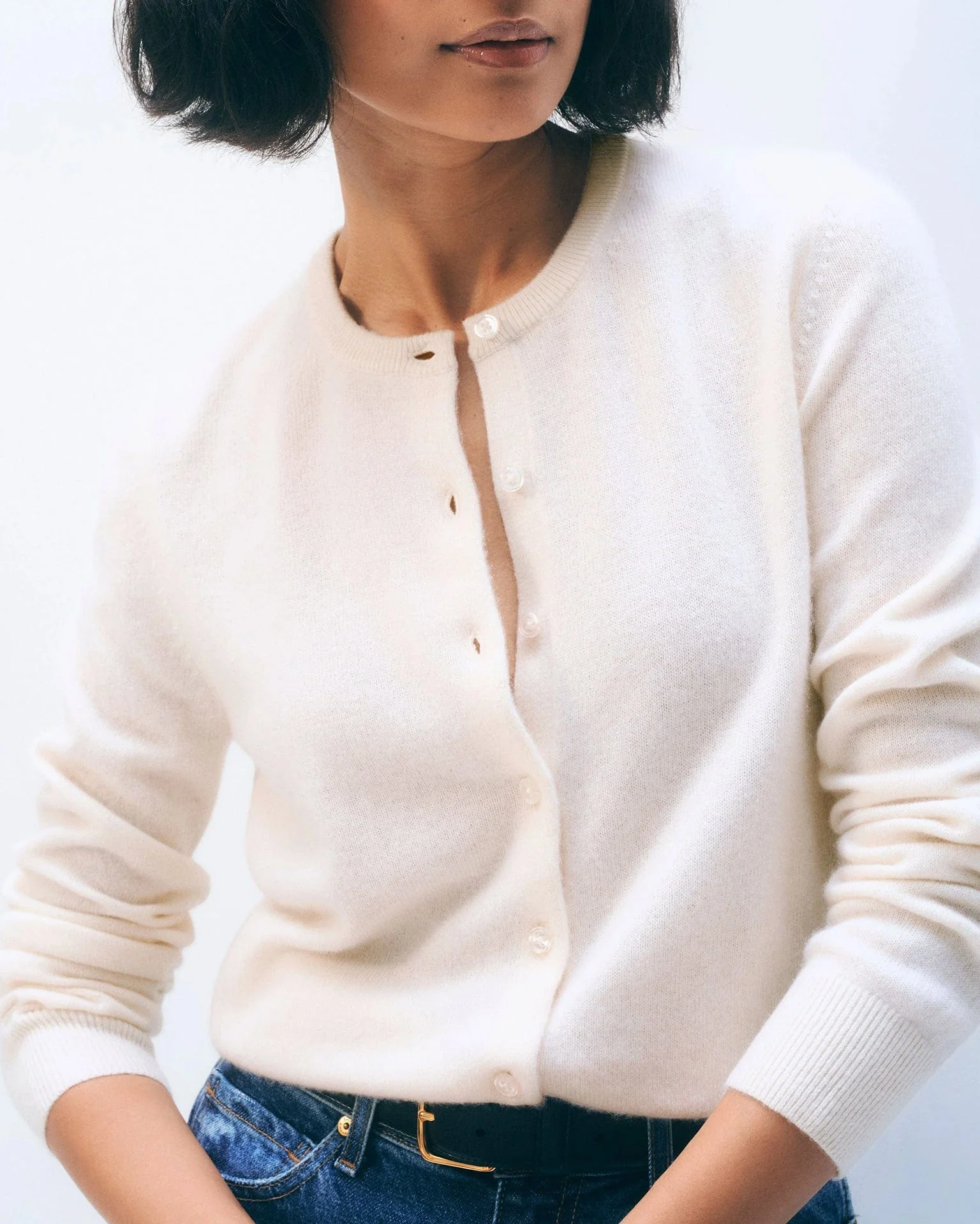 Cashmere Crewneck Cardigan in Soft White - Image 3