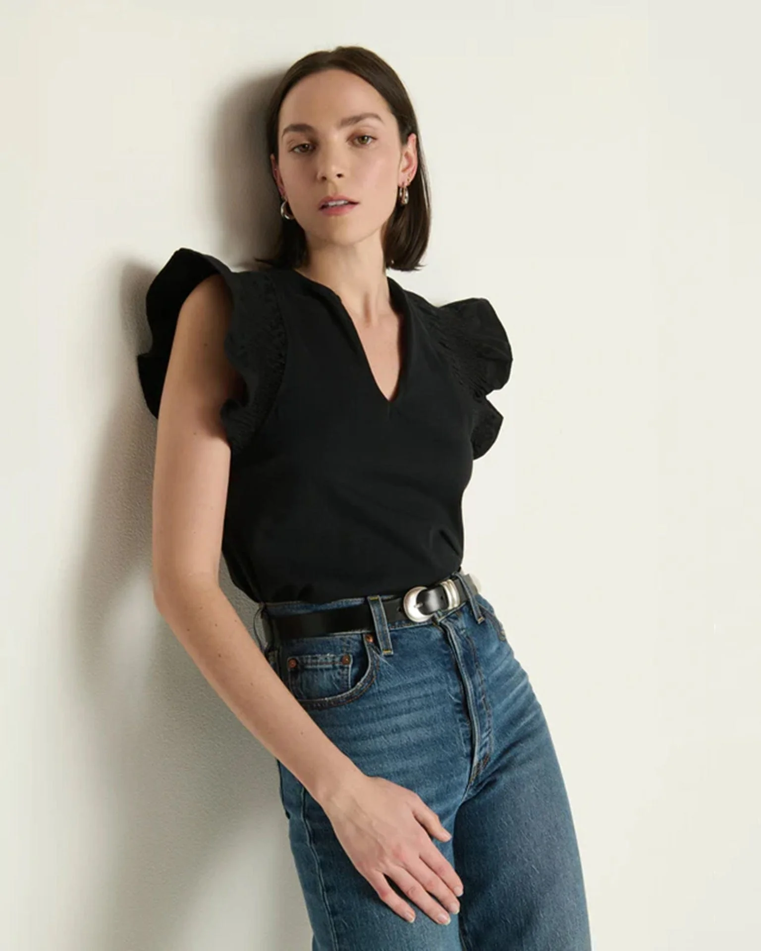 Christa Ruffle Sleeve Top in Jet Black