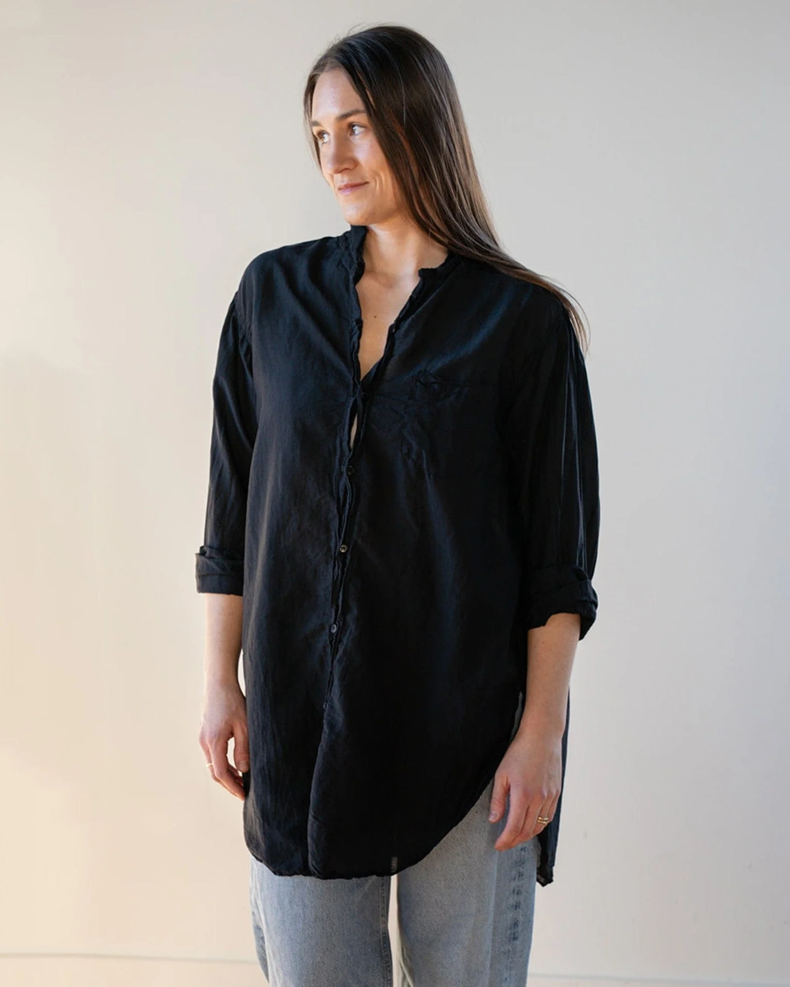 Ciel Tunic Blouse in Black Cotton Silk