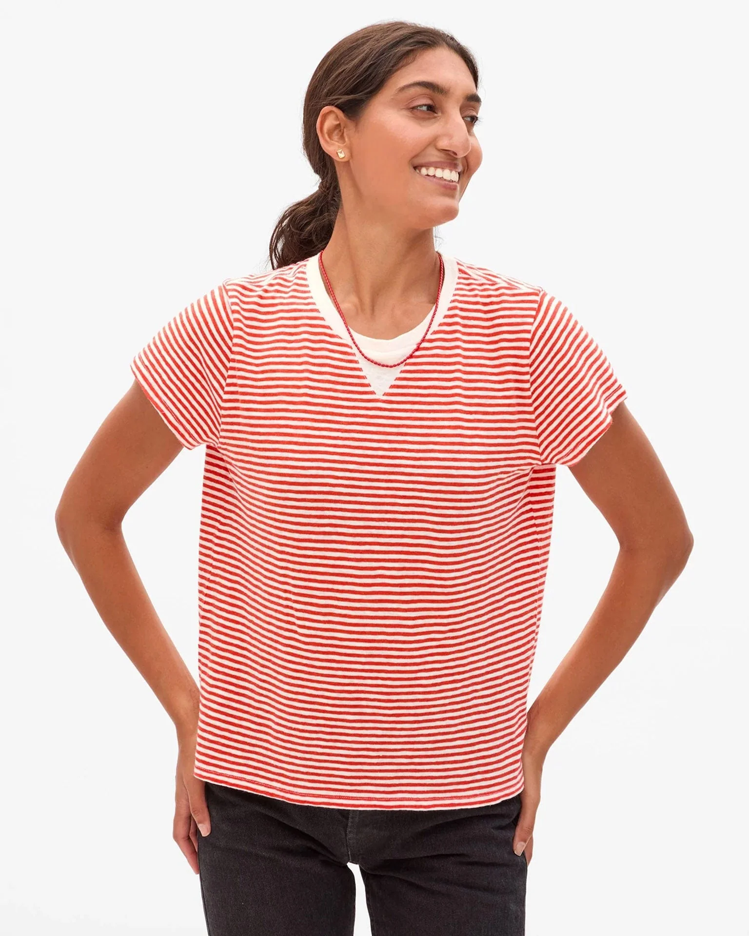 Classic Cttn/Lnn Mini Stripe Tee in Bright Poppy/Cream