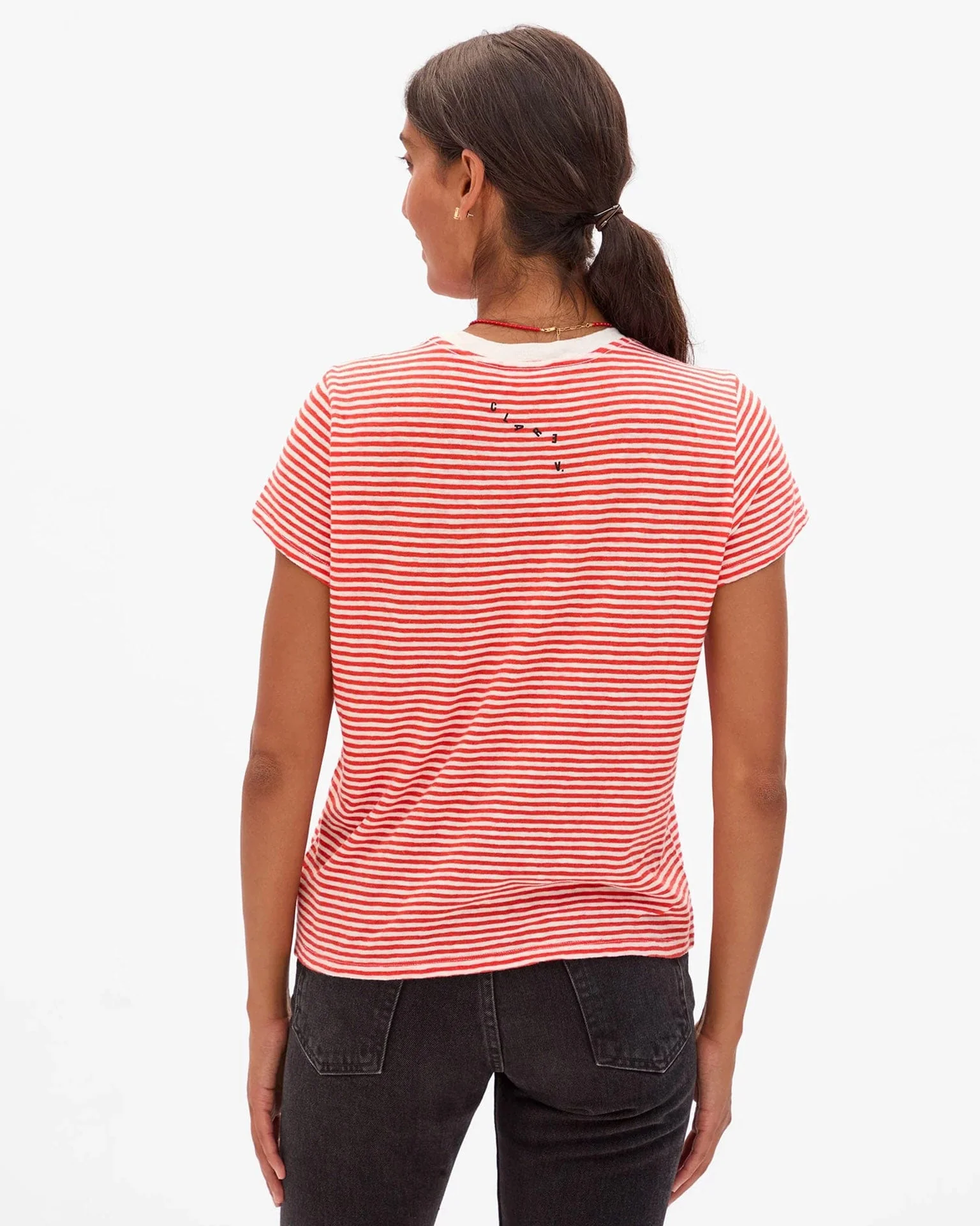 Classic Cttn/Lnn Mini Stripe Tee in Bright Poppy/Cream - Image 3