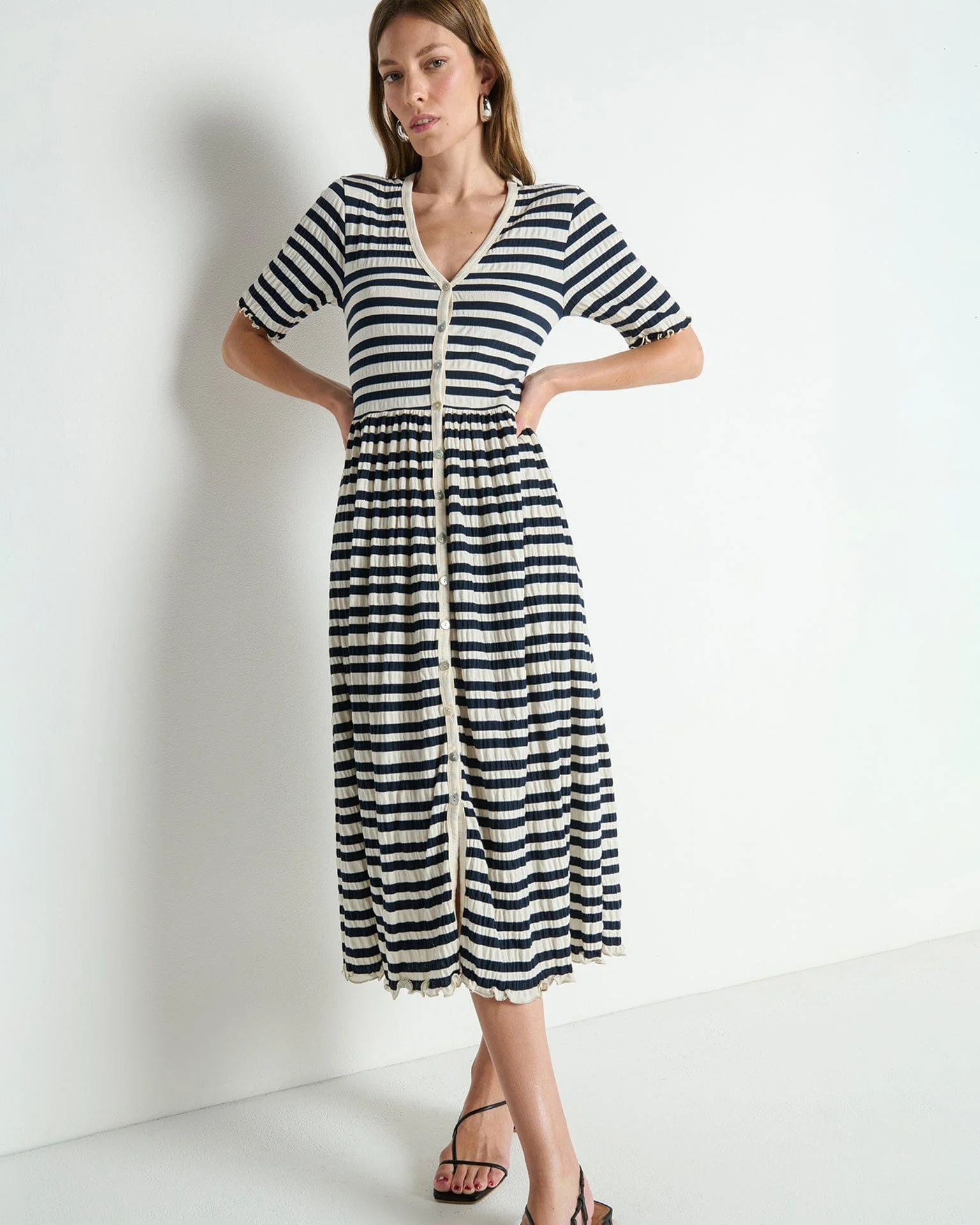 Claudine Midi Dress in Crinkle Stripe