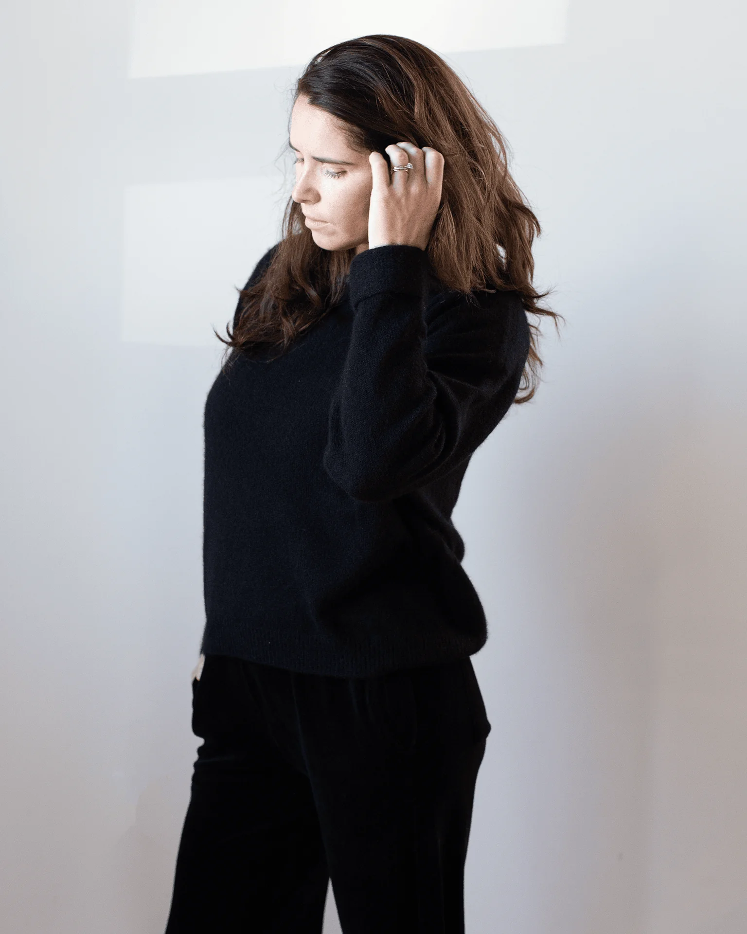 Crew Neck Roll Sleeve Pullover in Black - Image 2