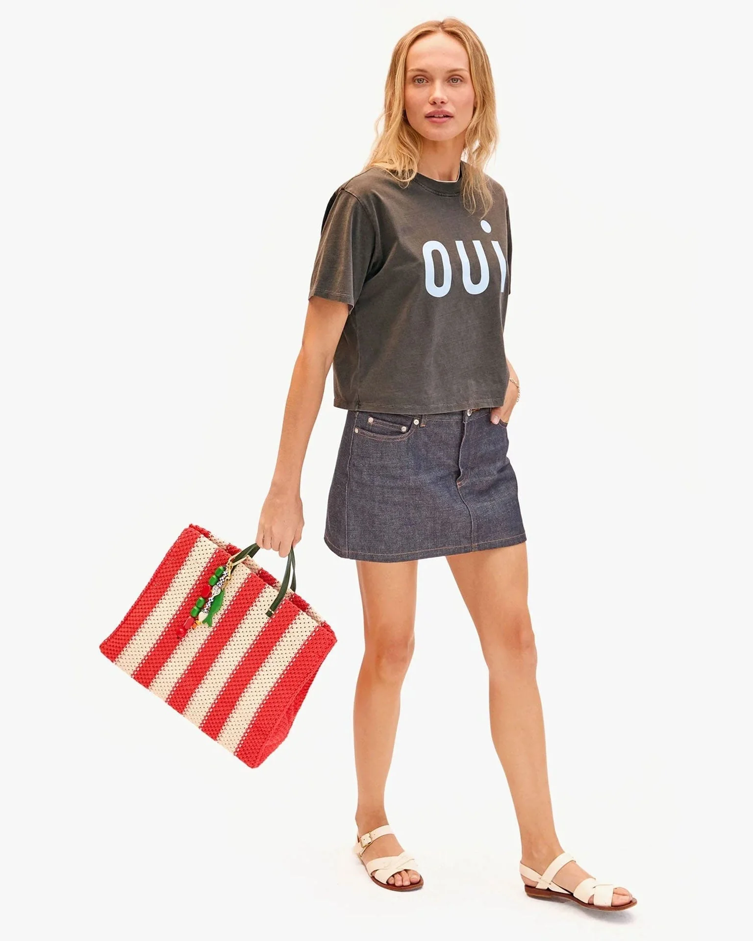 Crochet Stripe Summer Simple Tote in Cream/Bright Poppy - Image 2
