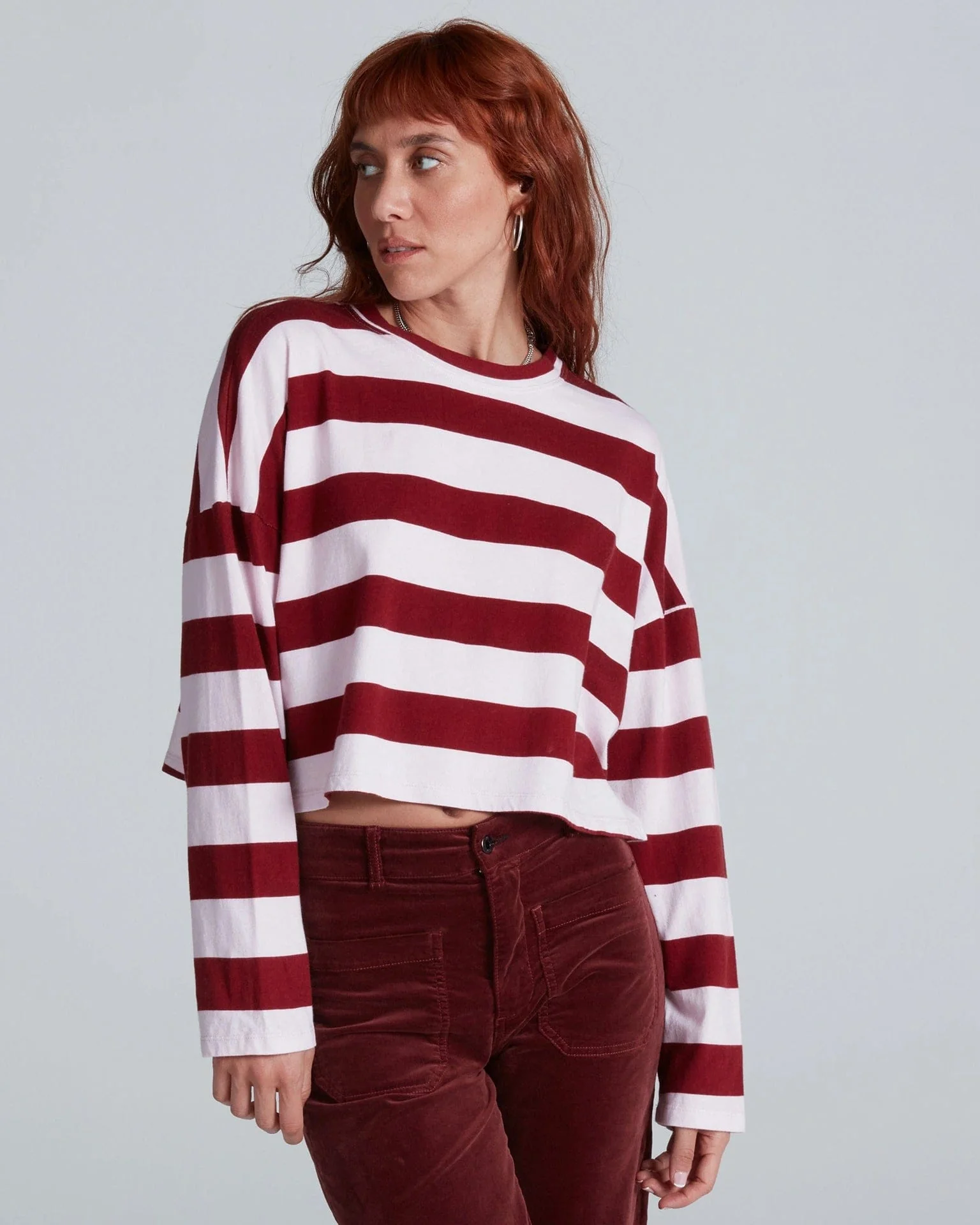 Crop Long Sleeve in Black Cherry Stripe