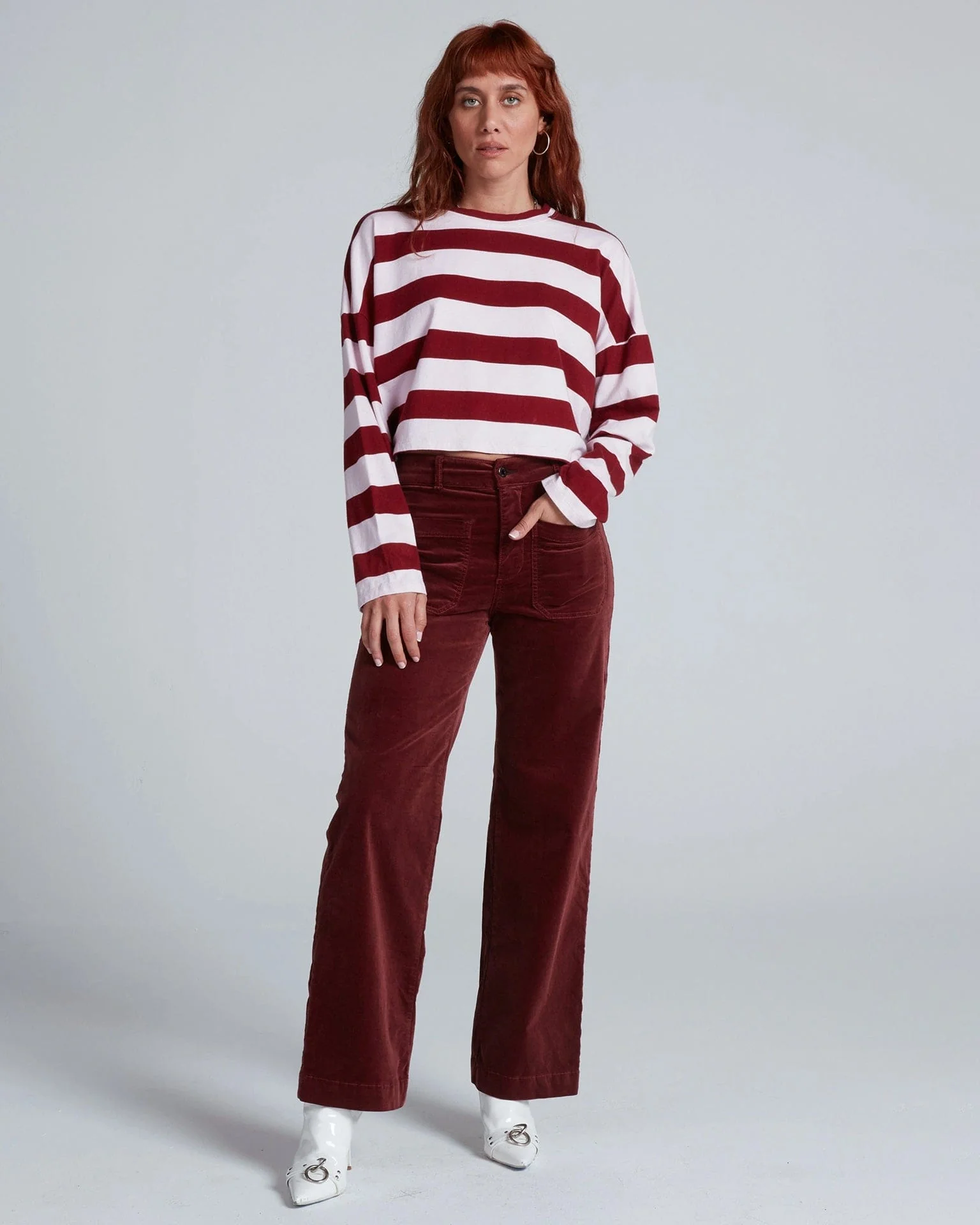 Crop Long Sleeve in Black Cherry Stripe - Image 2