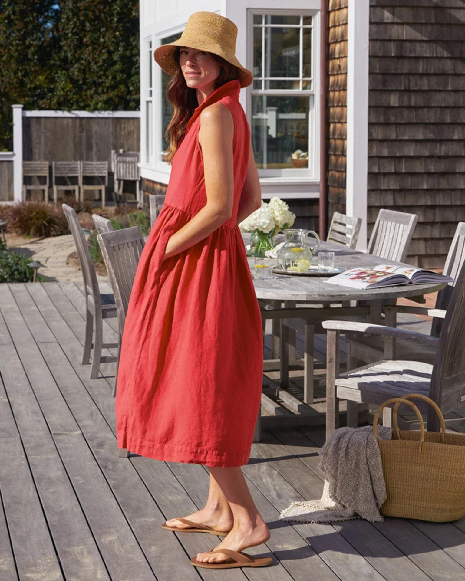 Daphne Popover Sleeveless Shirtdress in Nantucket Red - Image 2