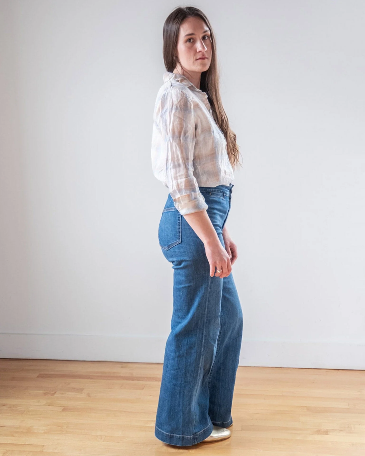 Dorie Top in White, Blue, & Wheat Linen Plaid - Image 5