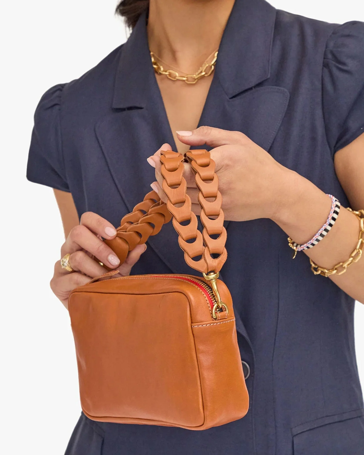 Double Veg Link Shoulder Strap in Cuoio - Image 2