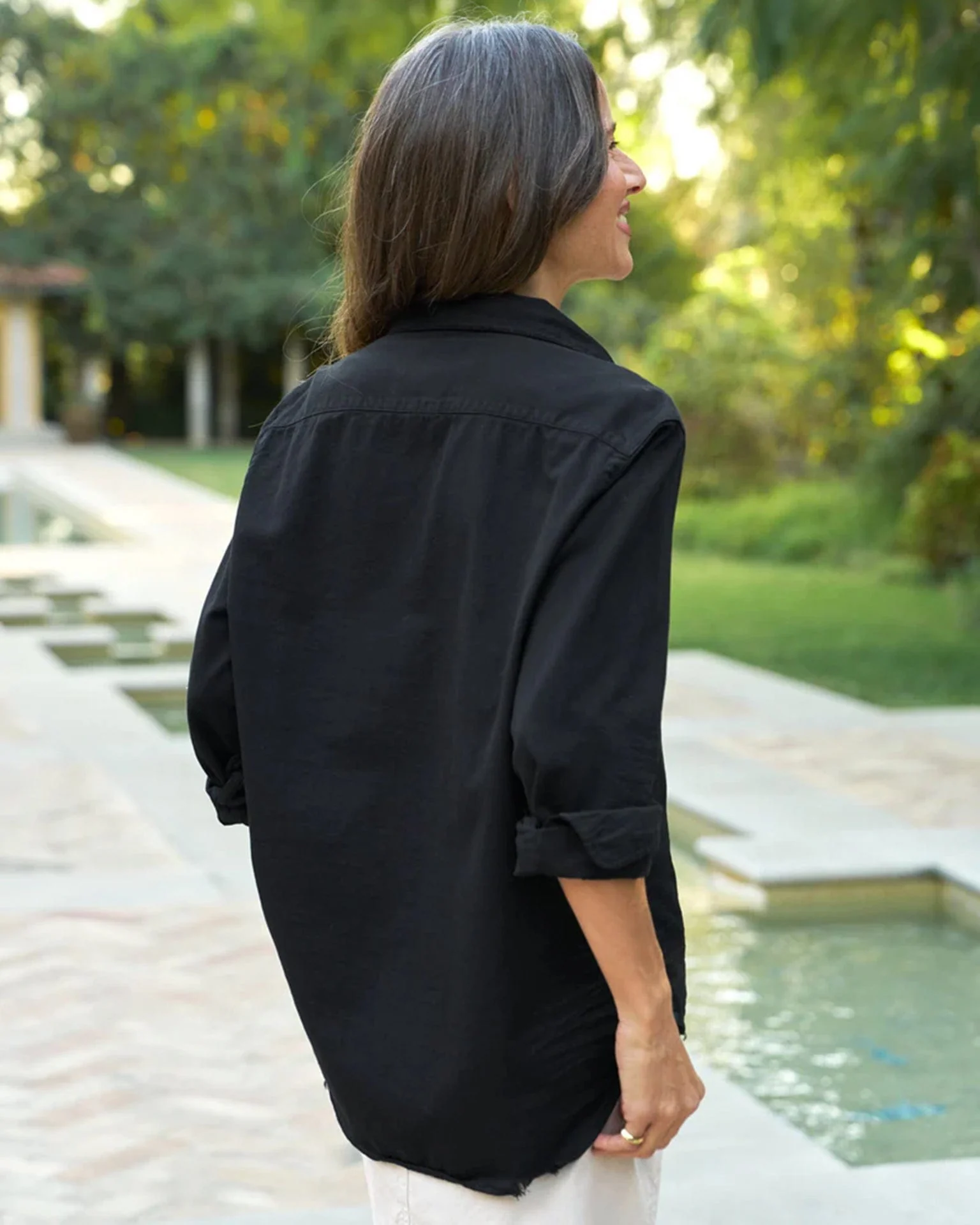 Eileen Relaxed Button Down in Black Distressed Famous Denim - Image 3