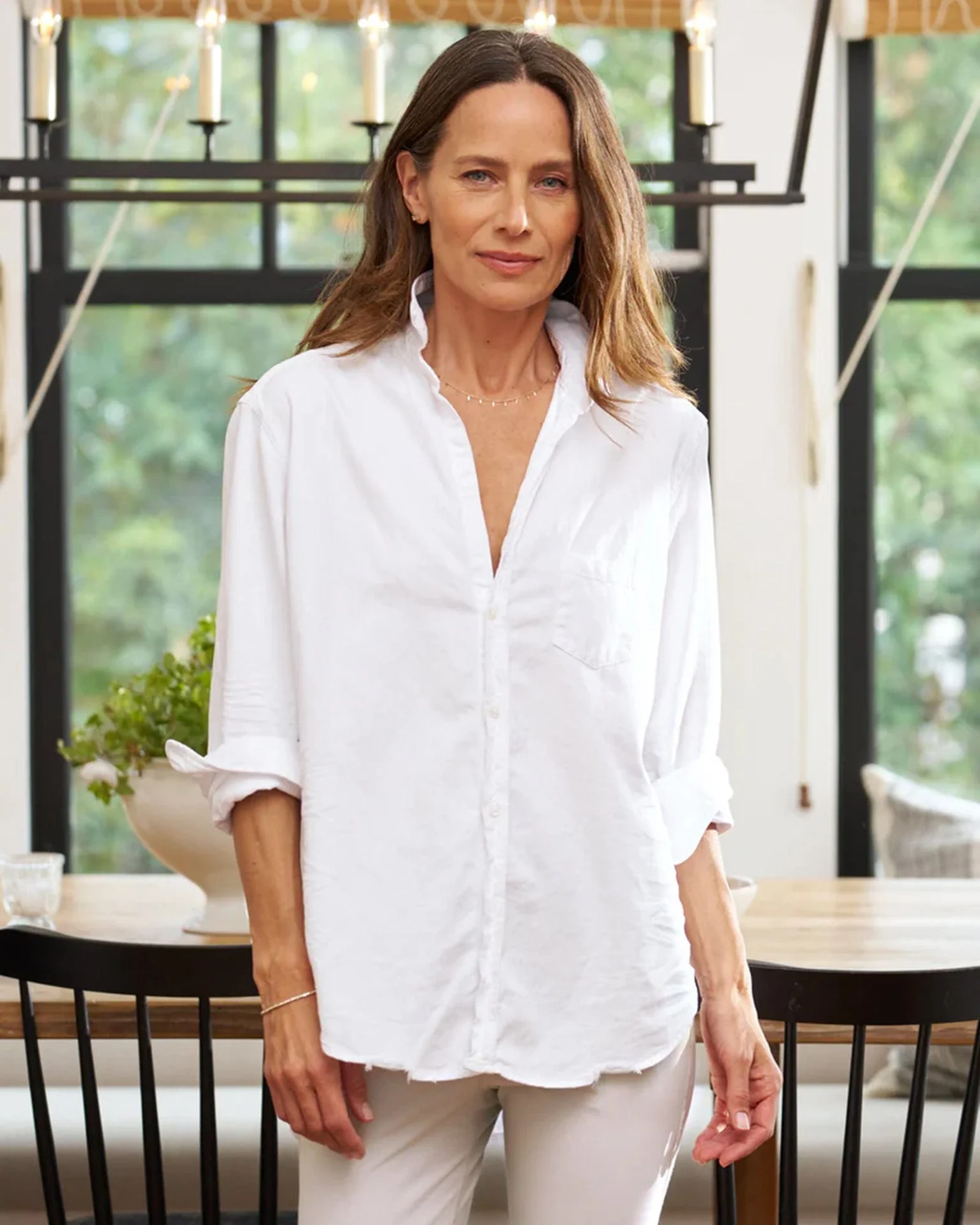 Eileen Relaxed Button Down in White Distressed Famous Denim