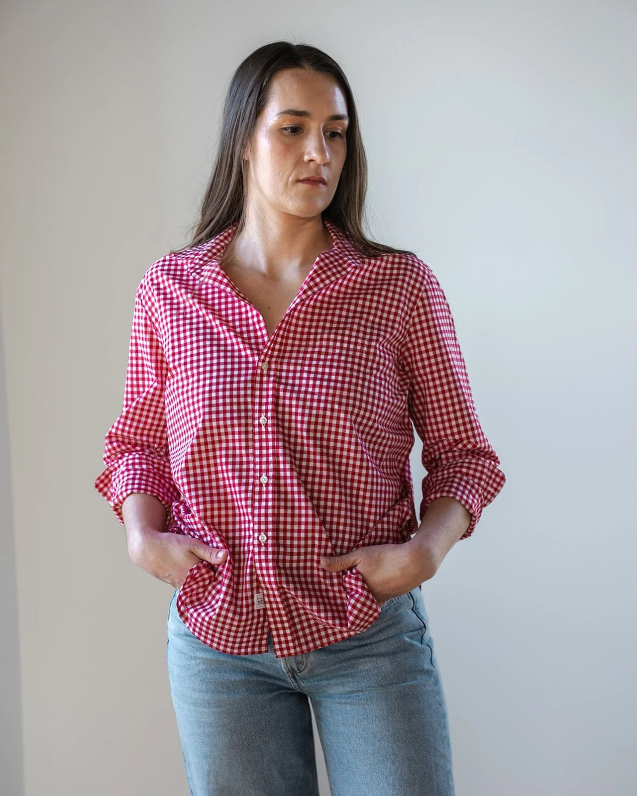 Eileen Relaxed Button Up in Red White Check