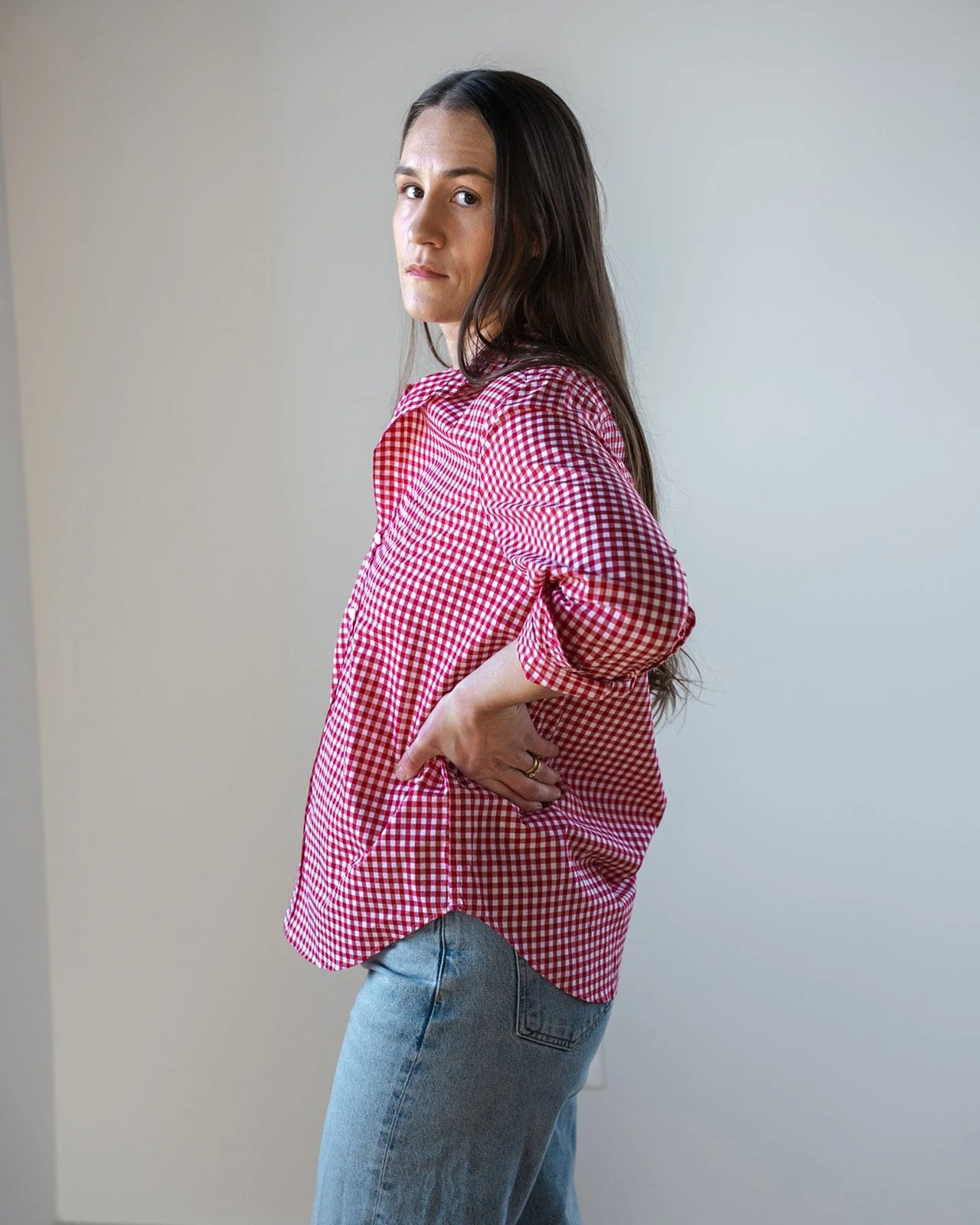 Eileen Relaxed Button Up in Red White Check - Image 3