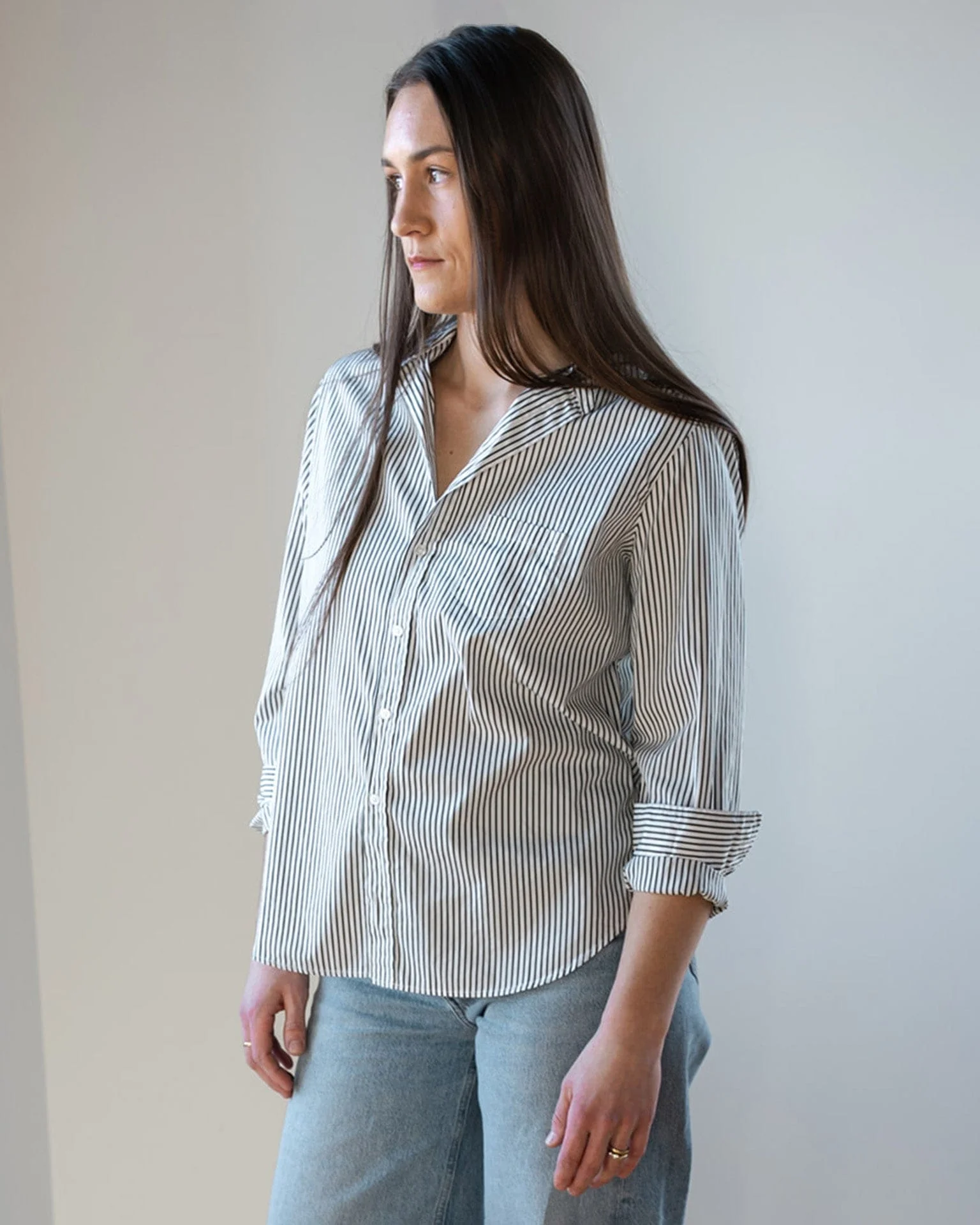 Eileen Relaxed Button Up Shirt in Army Green Stripe