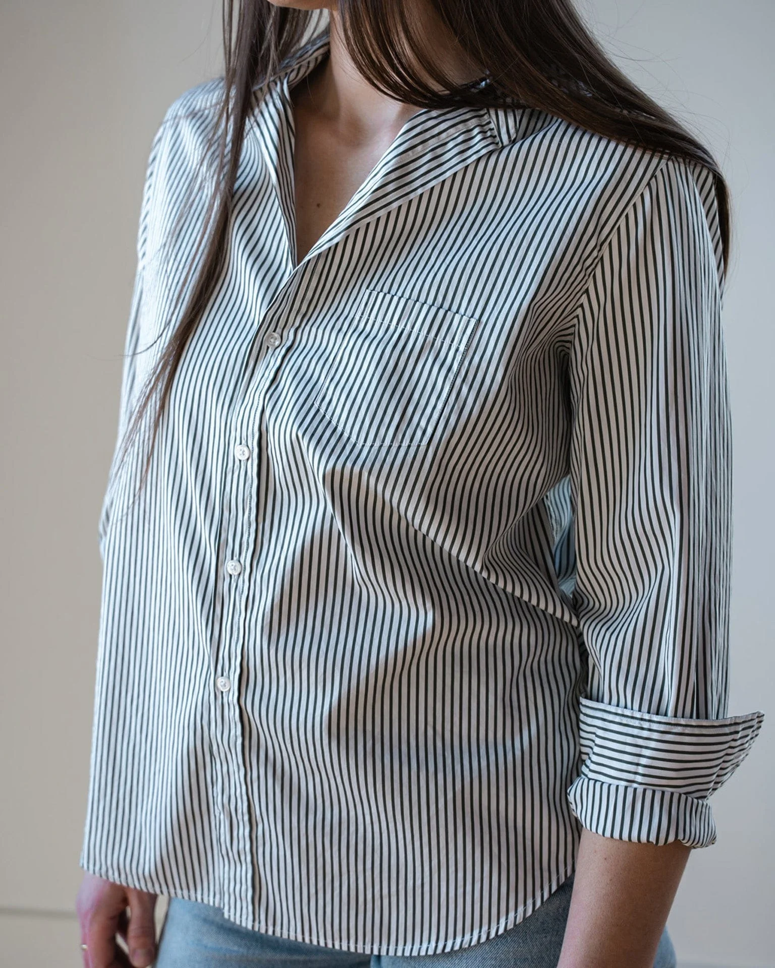 Eileen Relaxed Button Up Shirt in Army Green Stripe - Image 2