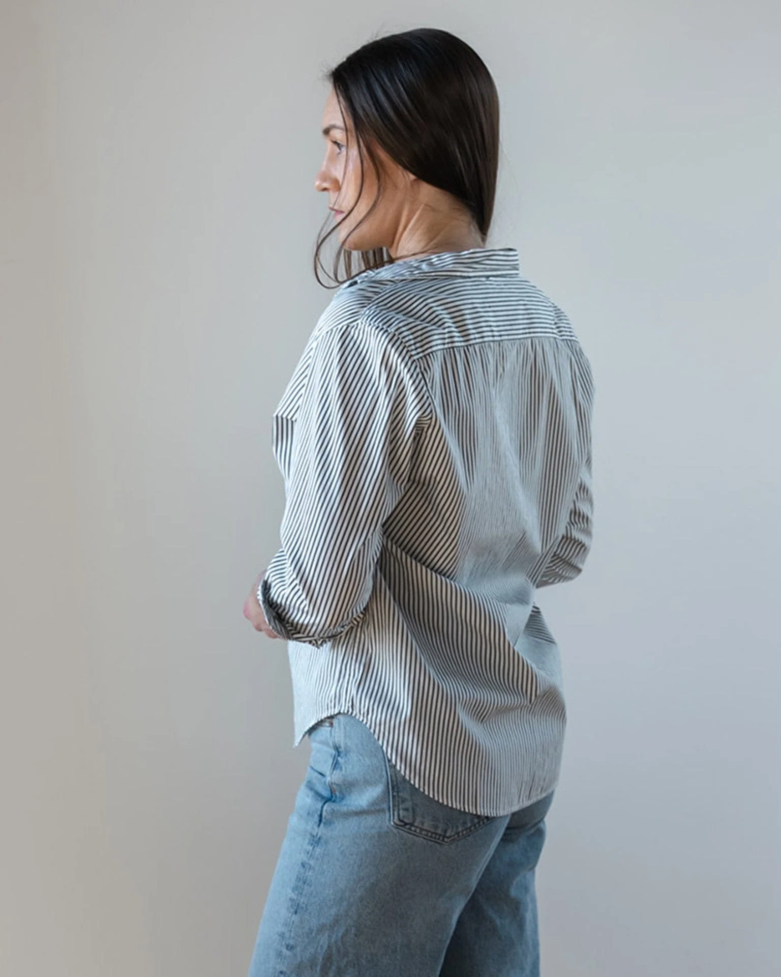 Eileen Relaxed Button Up Shirt in Army Green Stripe - Image 3