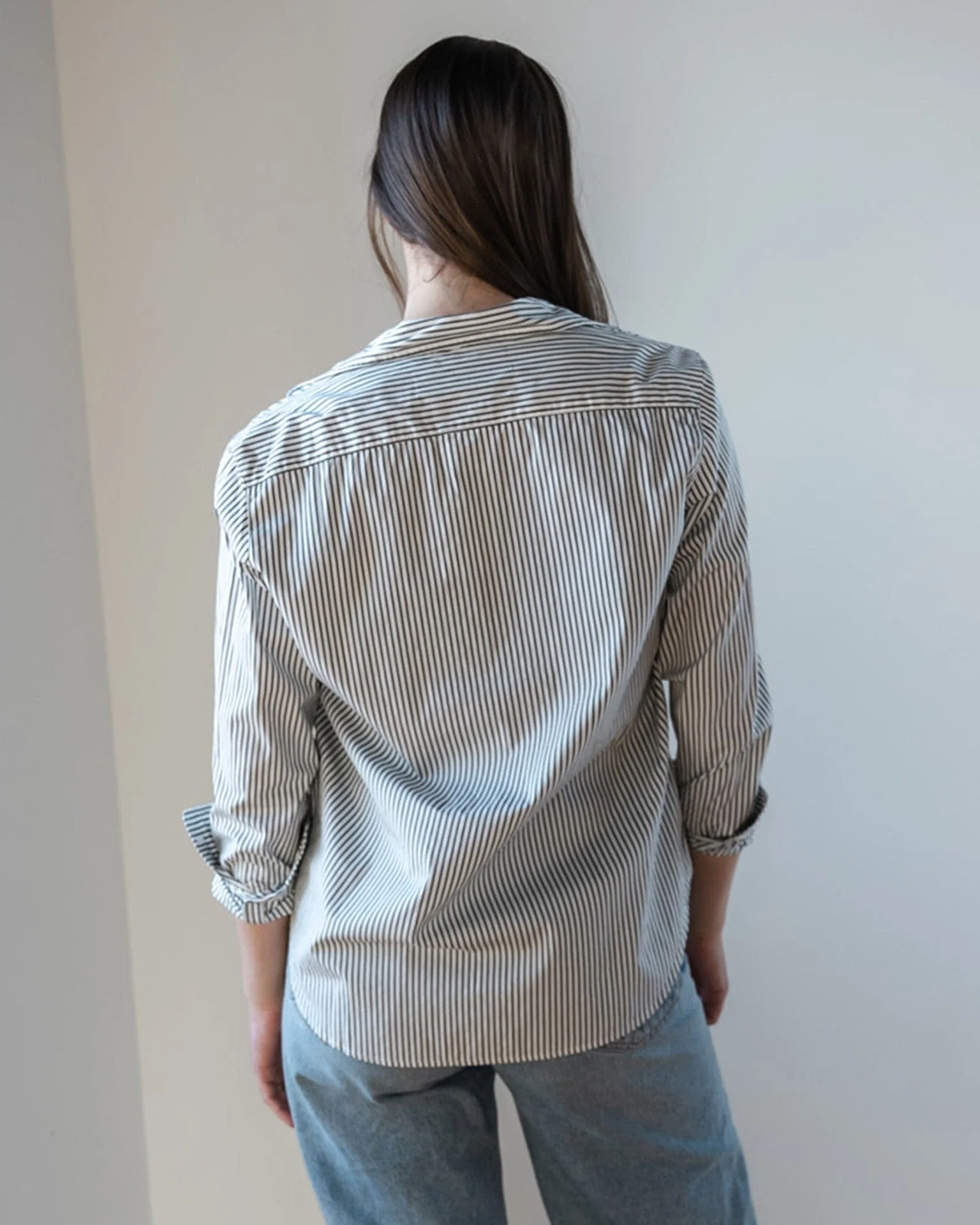 Eileen Relaxed Button Up Shirt in Army Green Stripe - Image 4