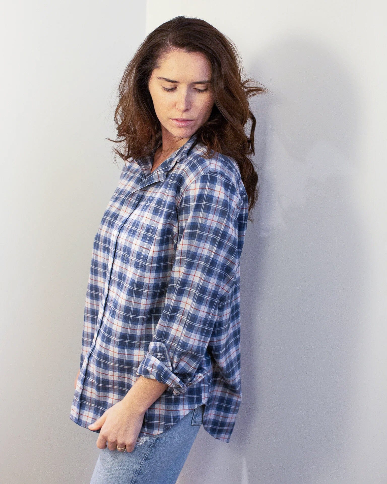Eileen Relaxed Button Up Shirt in Grey & Red Plaid - Image 2