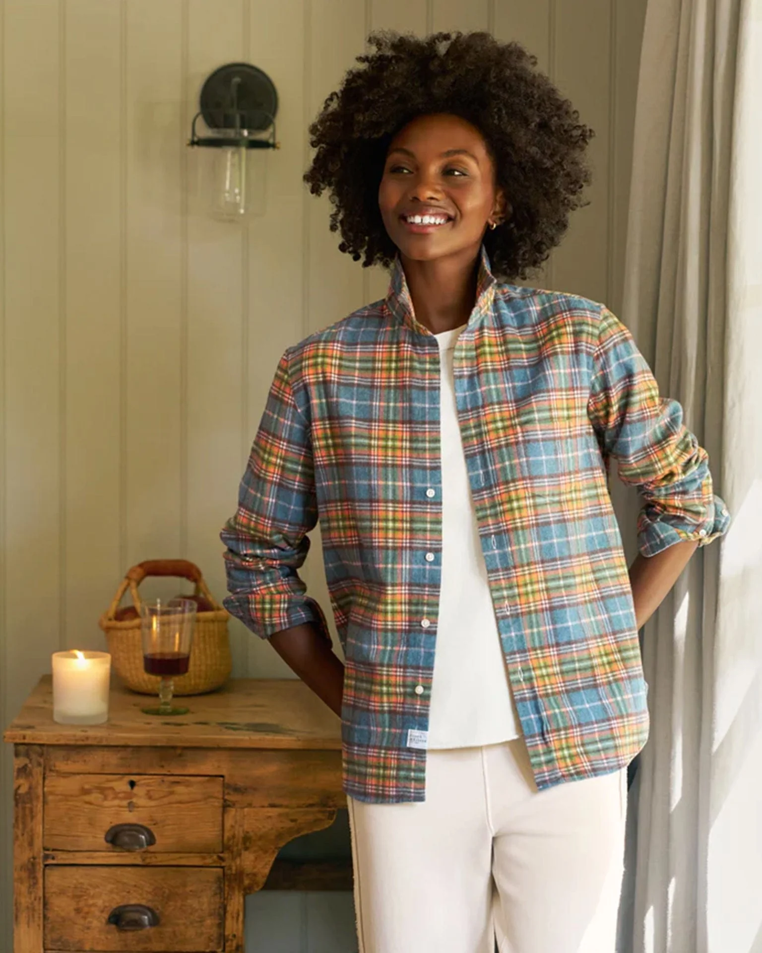 Eileen Relaxed Button Up Shirt in Orange Green & Blue Plaid