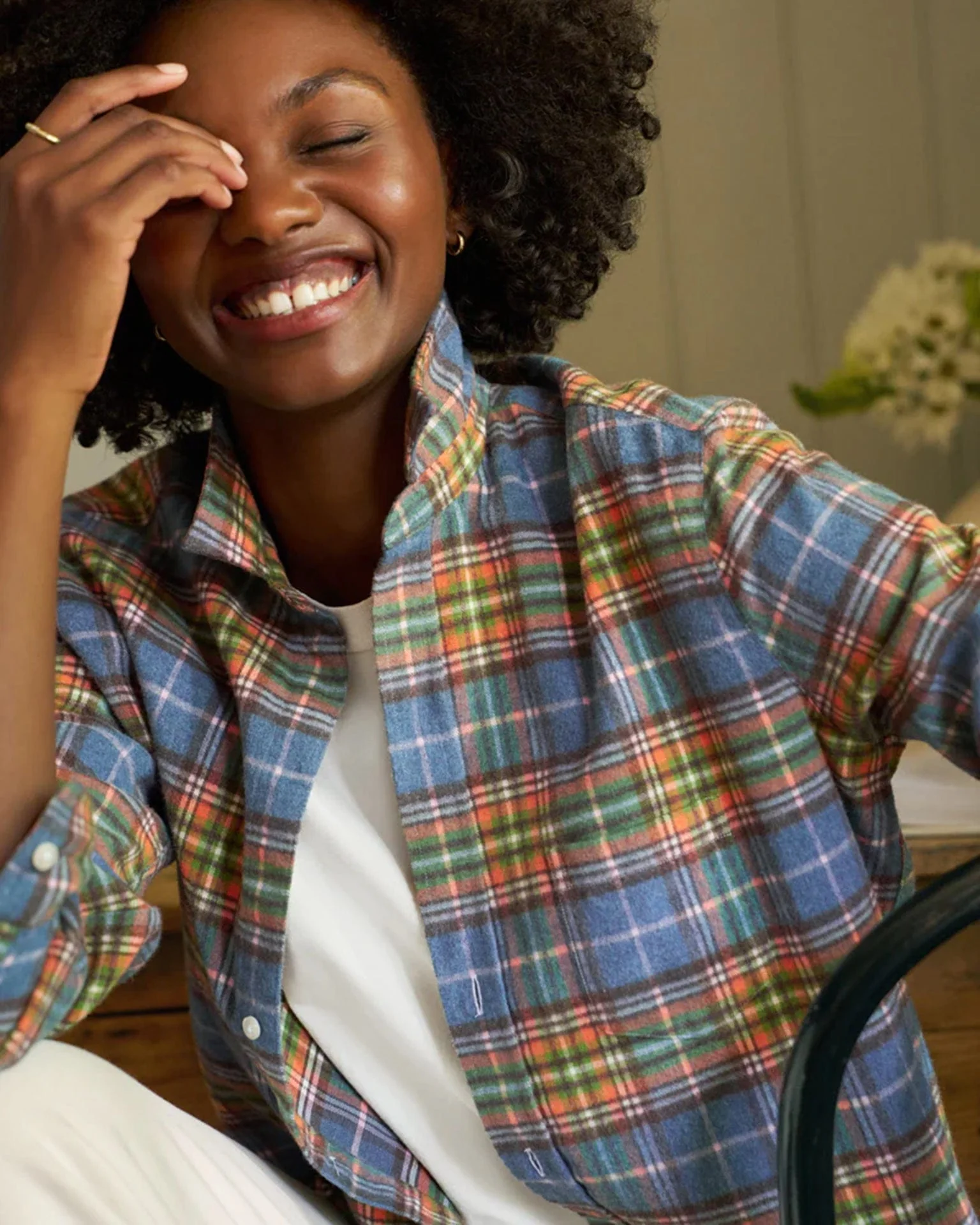 Eileen Relaxed Button Up Shirt in Orange Green & Blue Plaid - Image 2