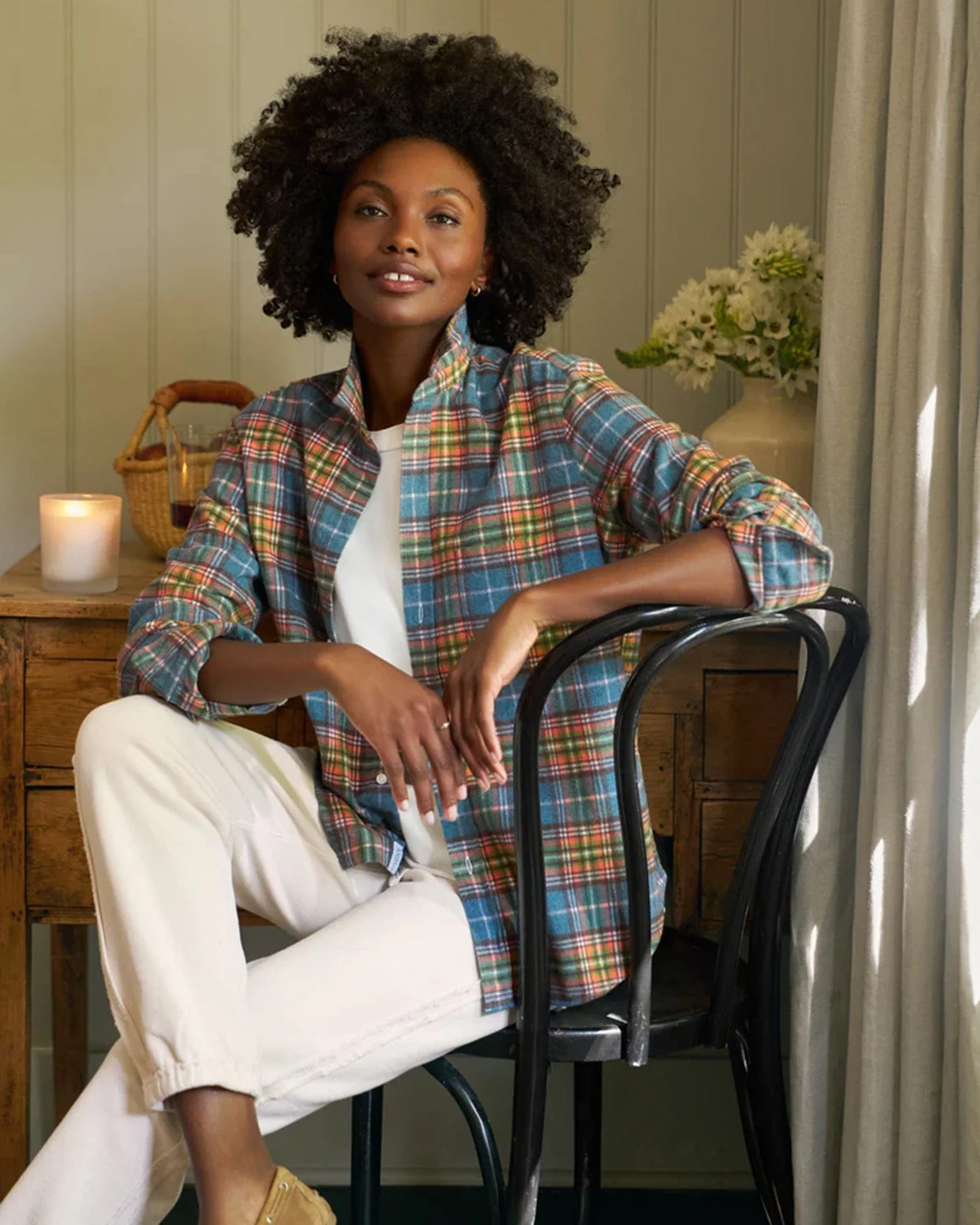 Eileen Relaxed Button Up Shirt in Orange Green & Blue Plaid - Image 3