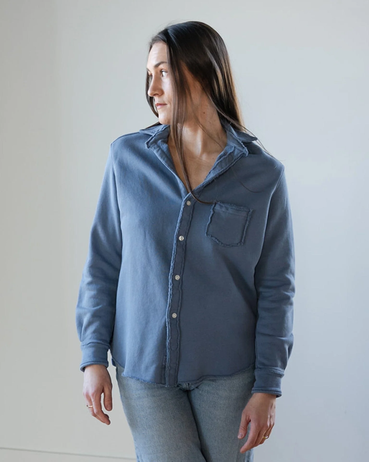 Eileen-Relaxed Button Up Shirt in Slate Triple Fleece
