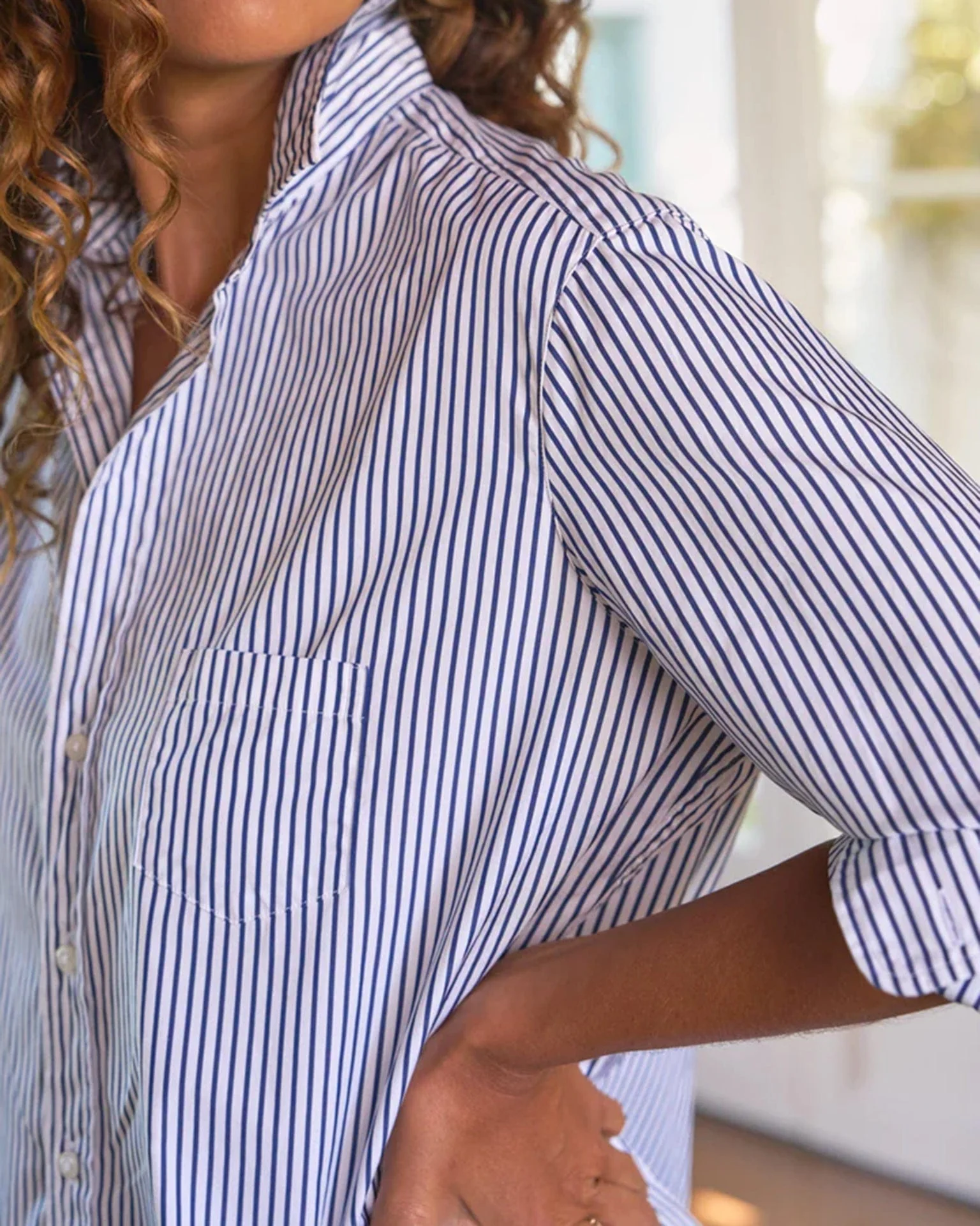 Eileen Relaxed Button Up Shirt in White & Navy Stripe - Image 2